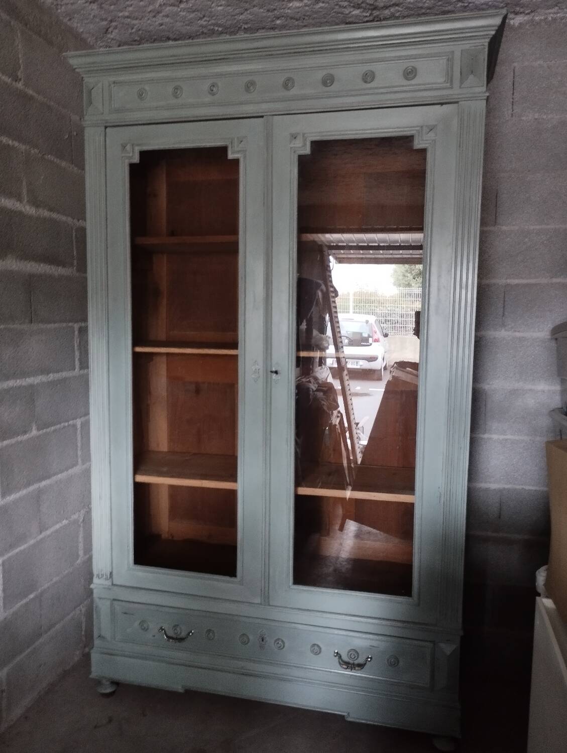 Old 2-door bookcase with chalk paint blue patina
