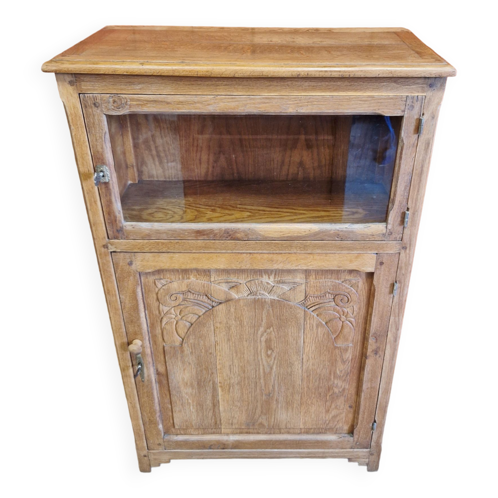 Petite armoire confiturier art déco en chêne avec partie vitrée rénovée