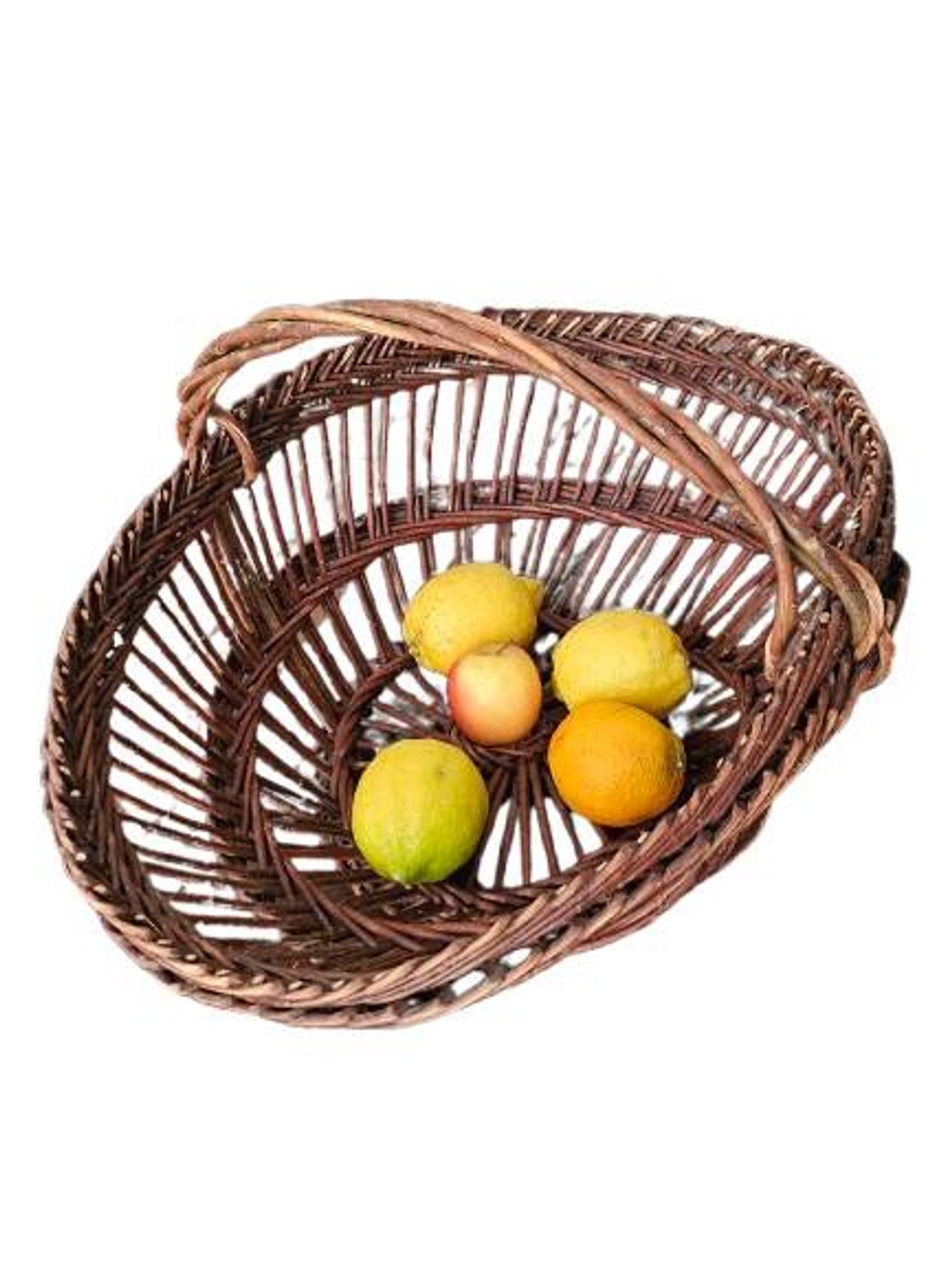 Vintage wicker basket with openwork, sun weaving and large handle.