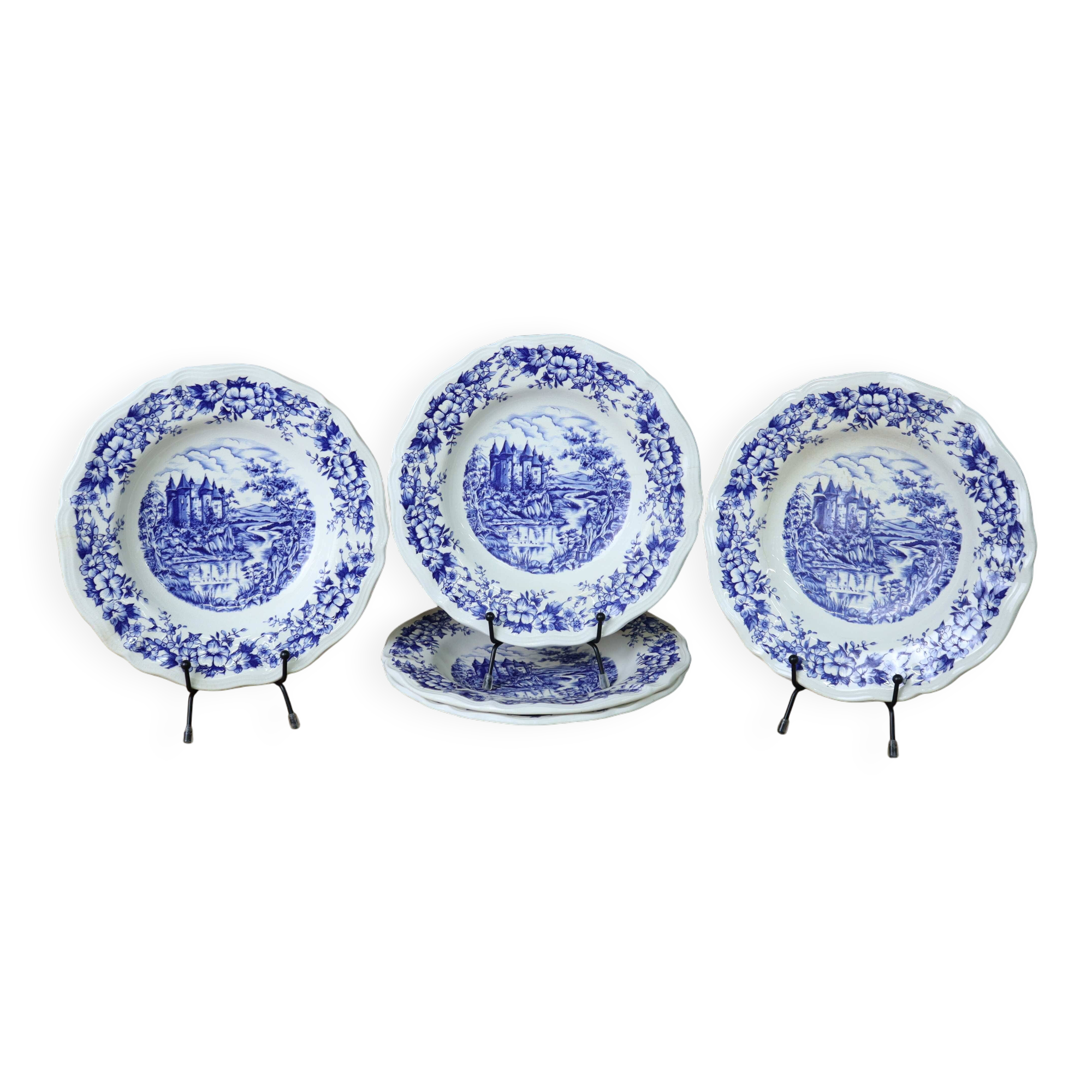5 vintage Sarreguemines hollow plates, Castle model