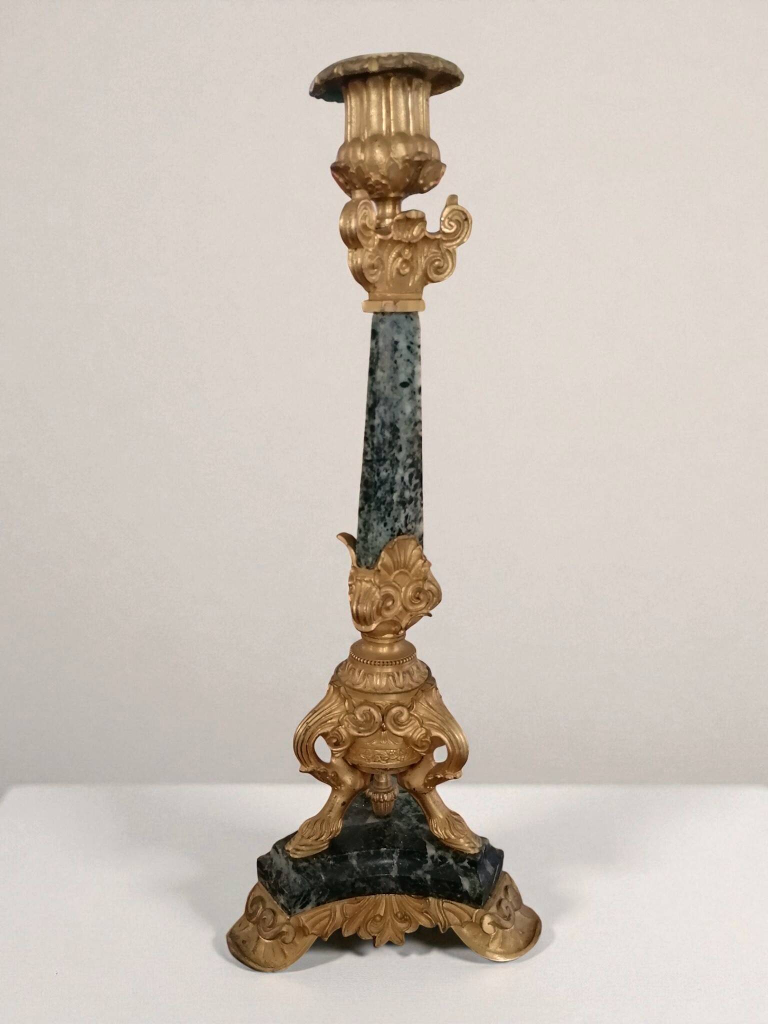 Pair of Empire/Restoration style candlesticks - green marble and bronze.