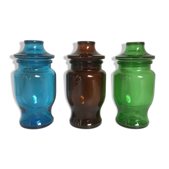 3 blue-green brown glass jars