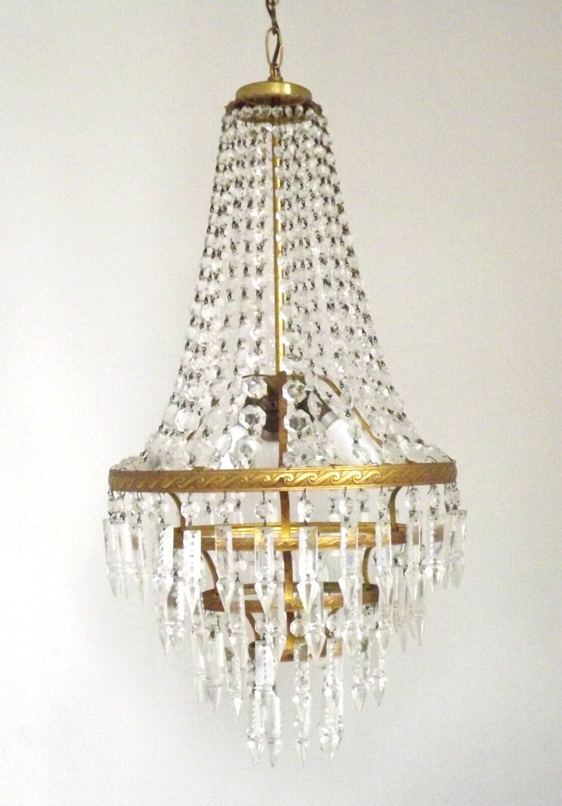 1900s Brass and Crystal Cascade Chandelier