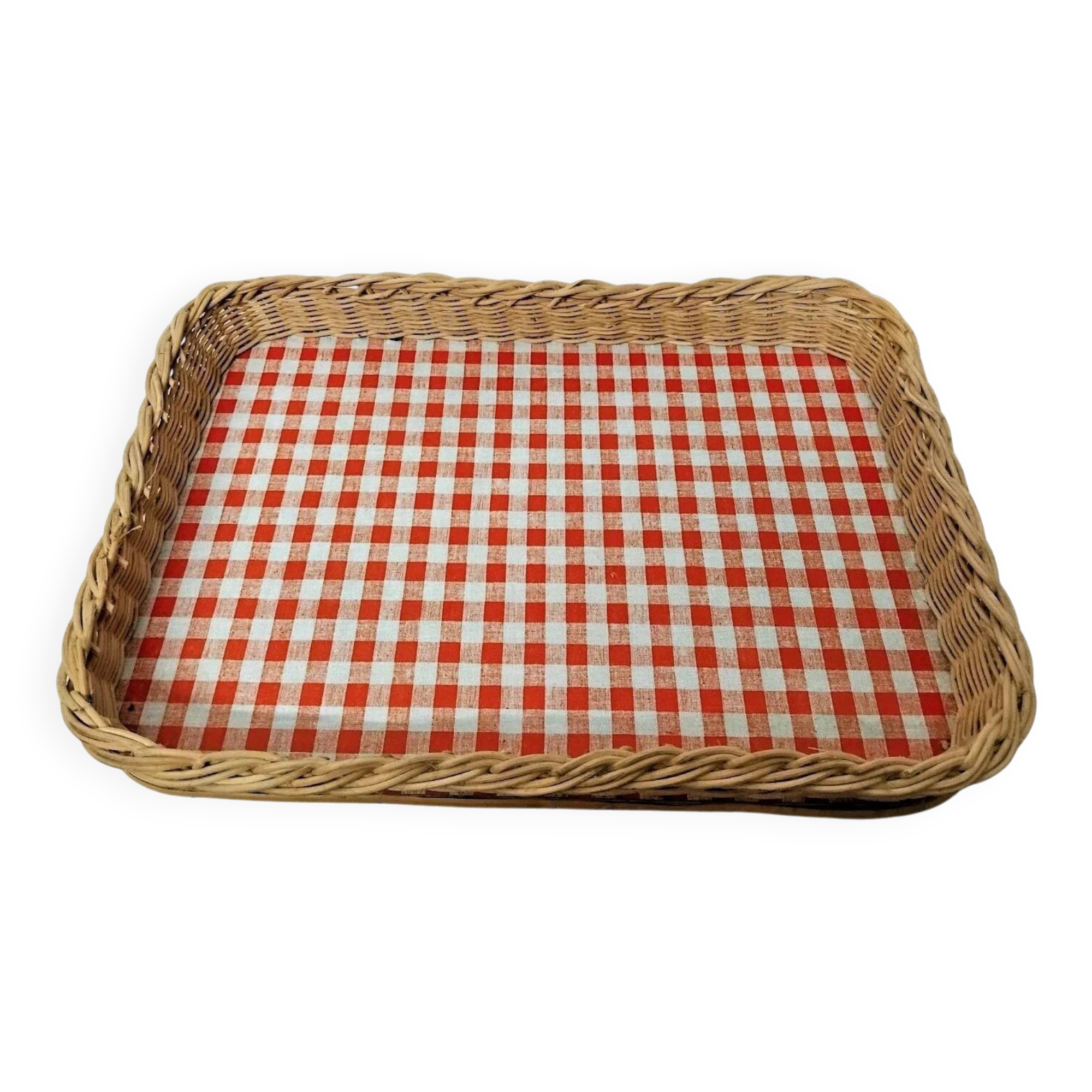 Rectangular Wicker Tray with Vichy Decor L: 44 cm Vintage
