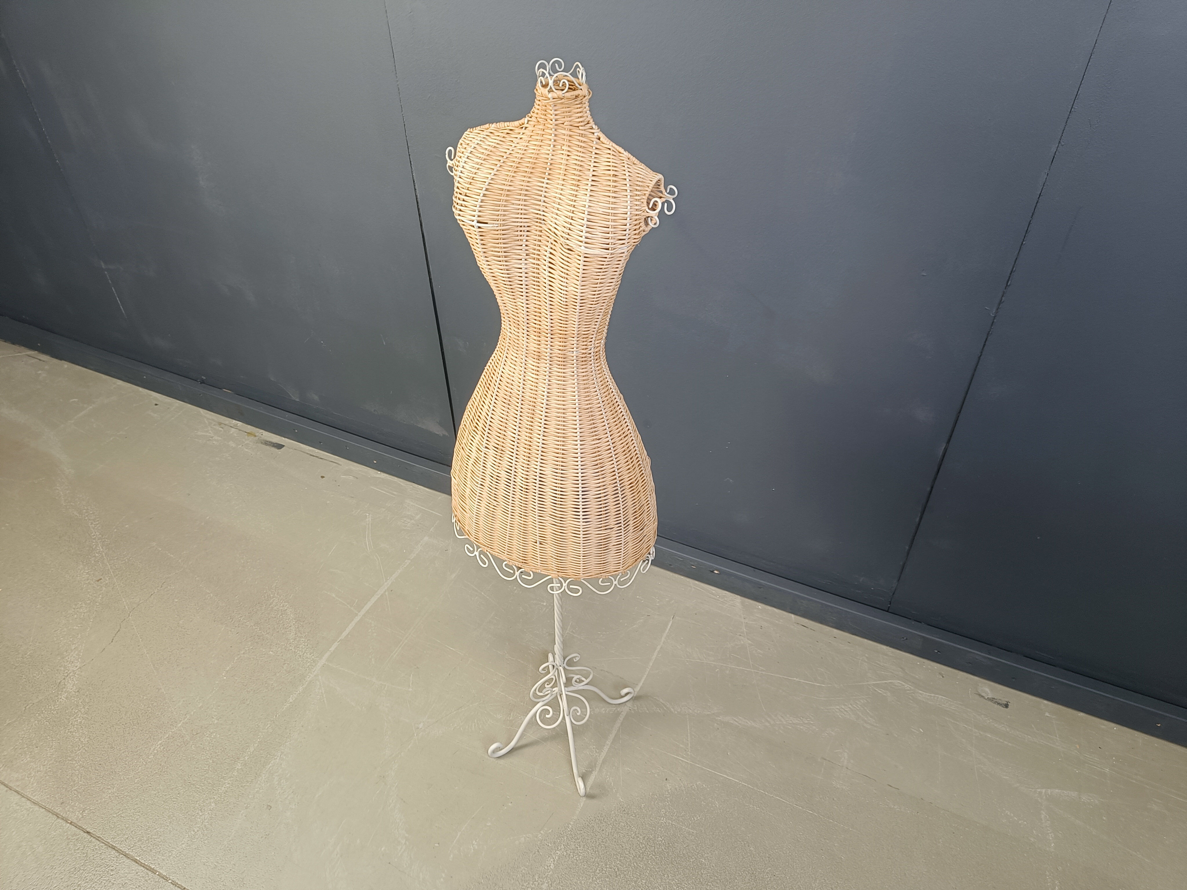 Vintage wicker mannequin on a wrought iron base, 1960s