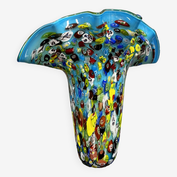 Venise fin XXeme : superbe vase "octopusy" en verre millefiori a fond bleu