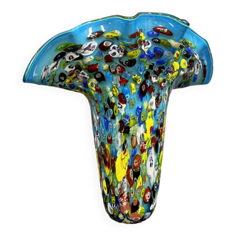Venise fin XXeme : superbe vase "octopusy" en verre millefiori a fond bleu