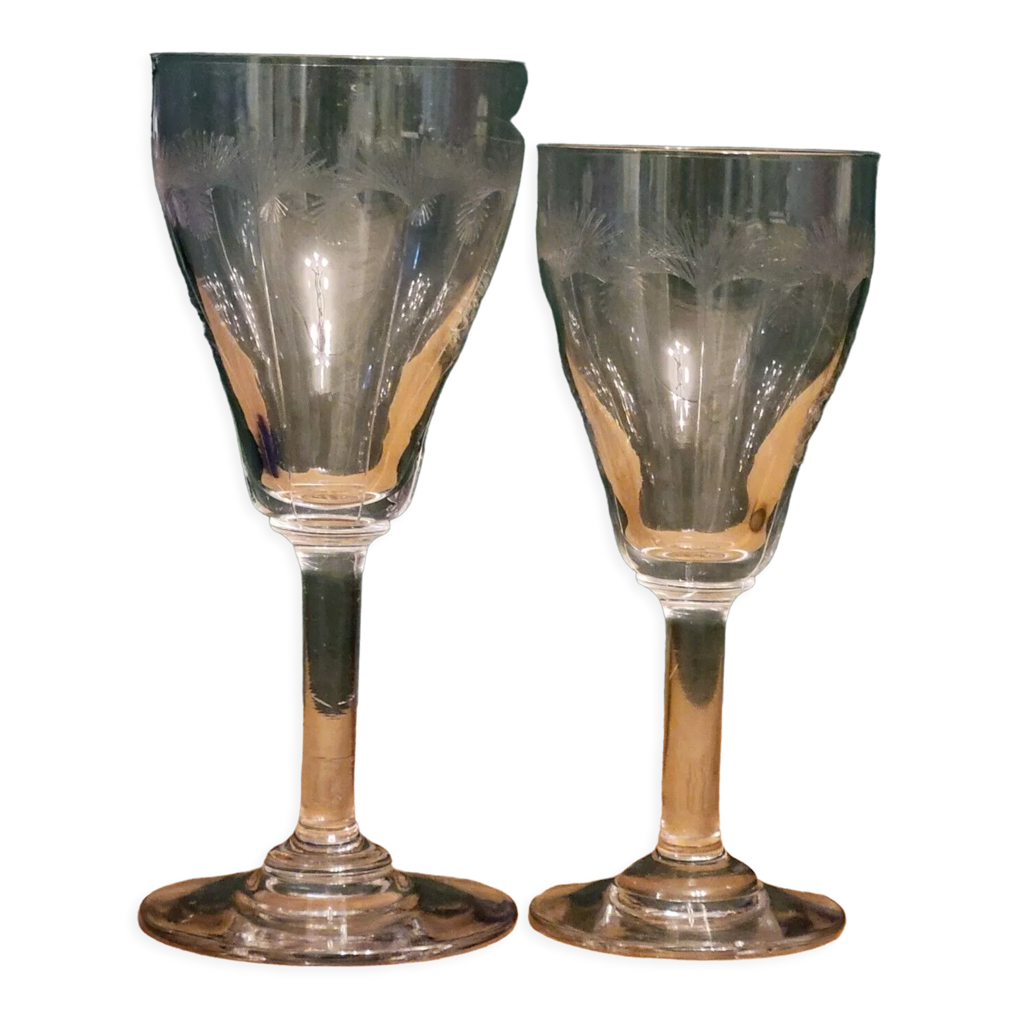 10 old cut glass glasses engraved palm decoration 1930