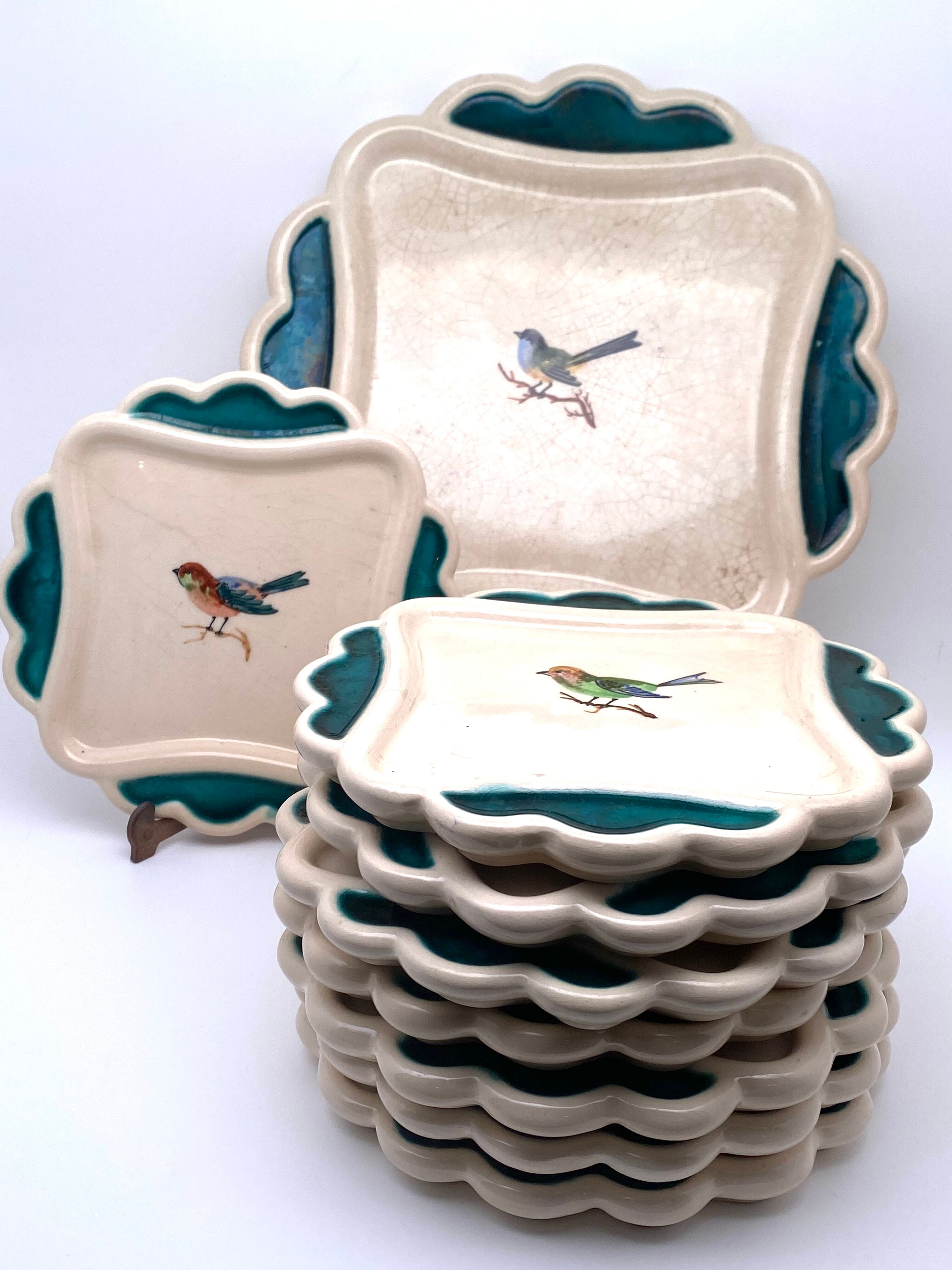 Dessert service in Petits Oiseaux slip, 9 plates