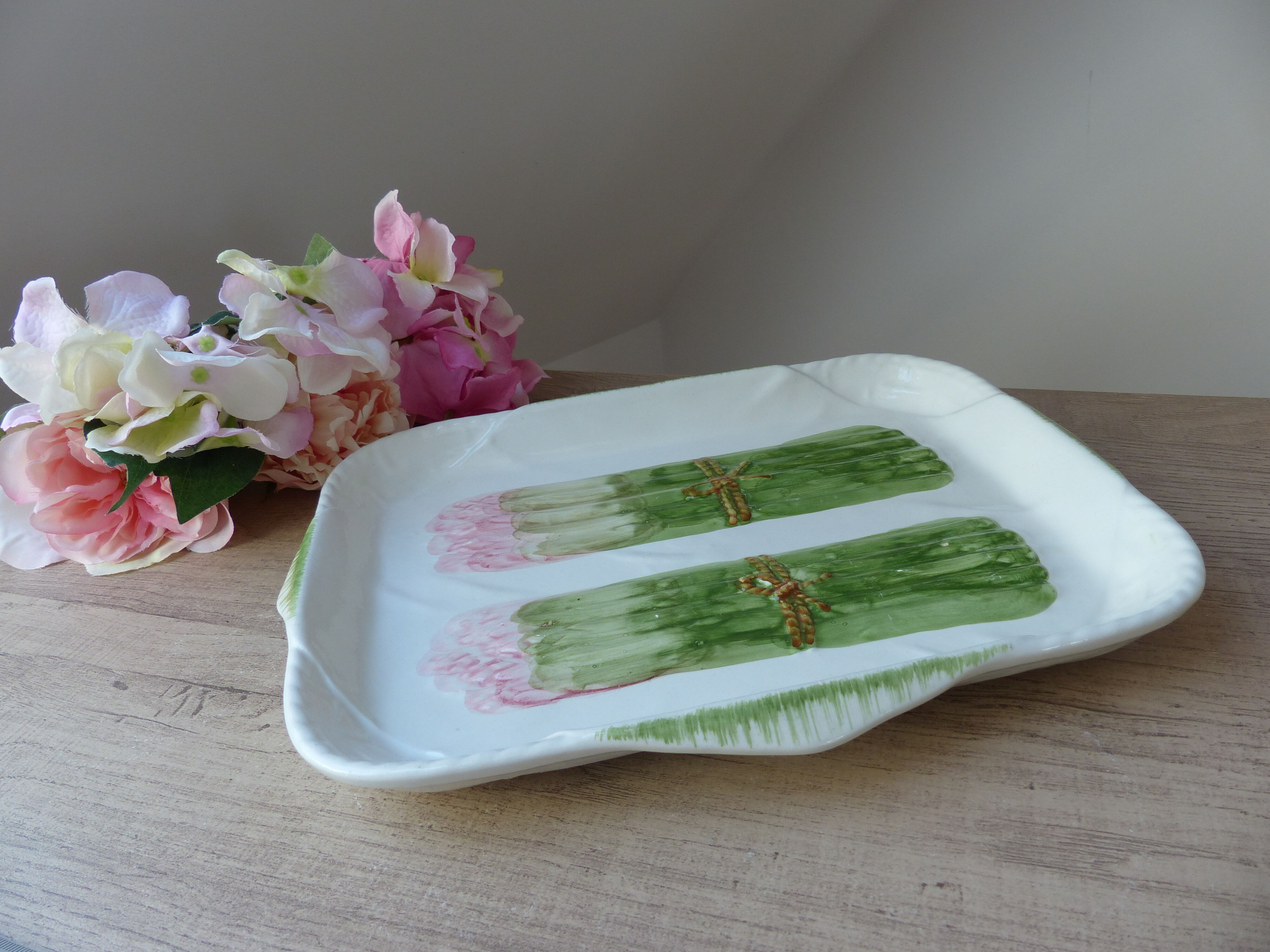 Antique asparagus dish - vintage slurry ceramic