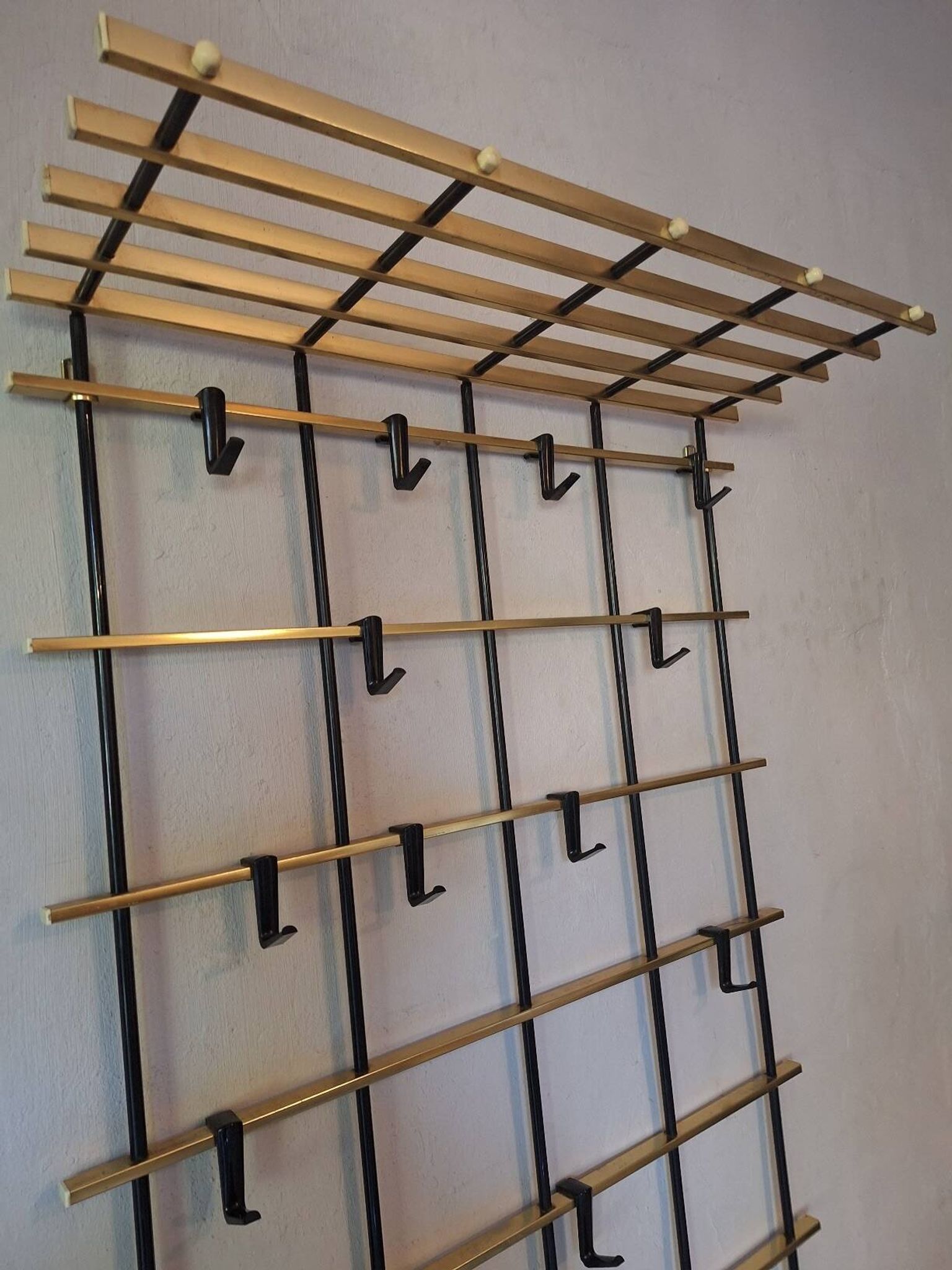 Wall mounted brass and metal coat and hat rack, 1960s