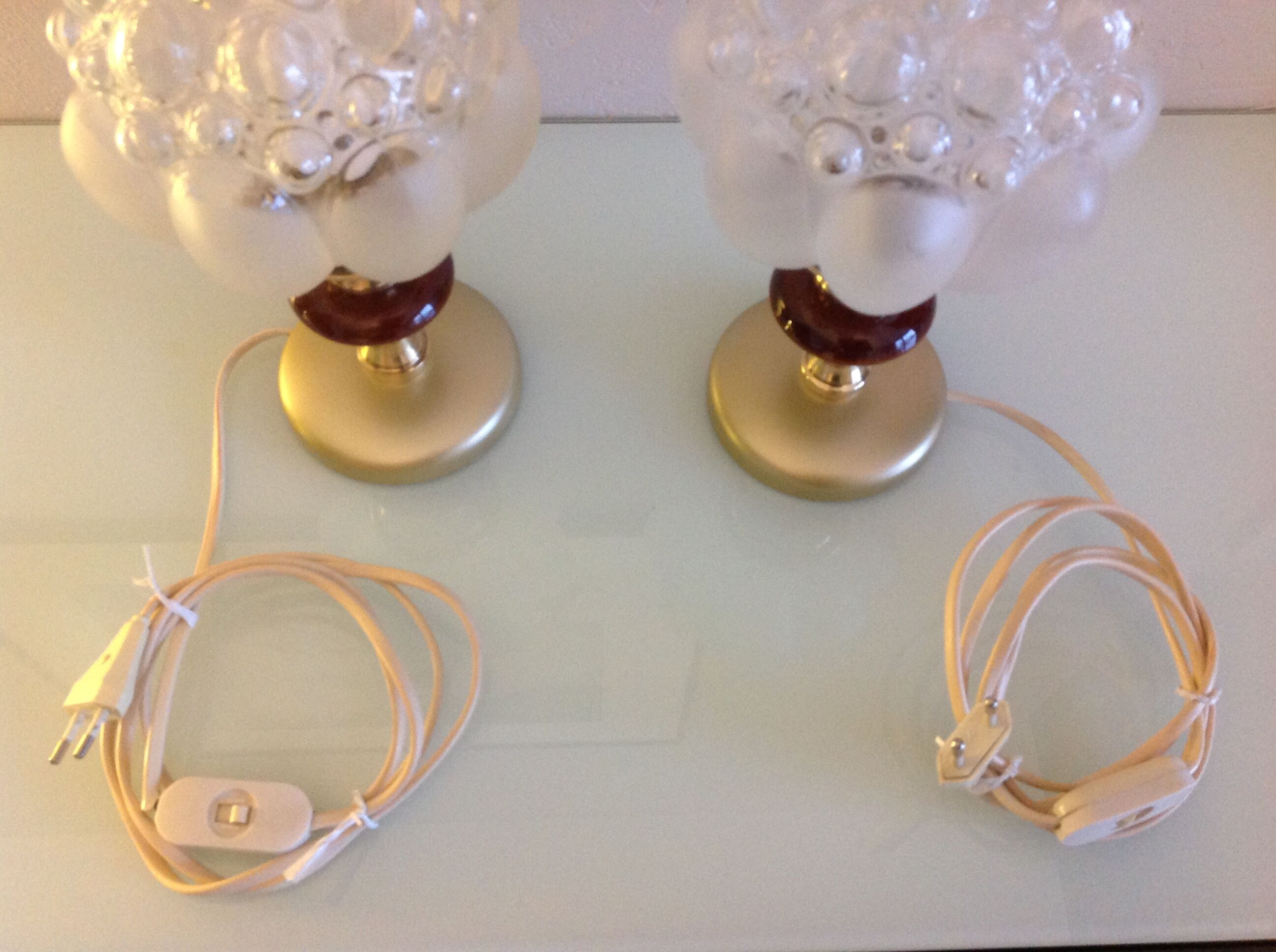 Pair of bubbled glass globe bedside lamps / vintage 60s-70s