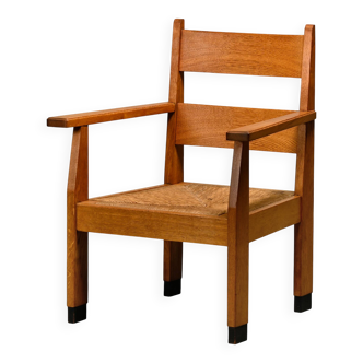 Art Deco Haagse School Armchair in solid Oak and Straw, 1930s
