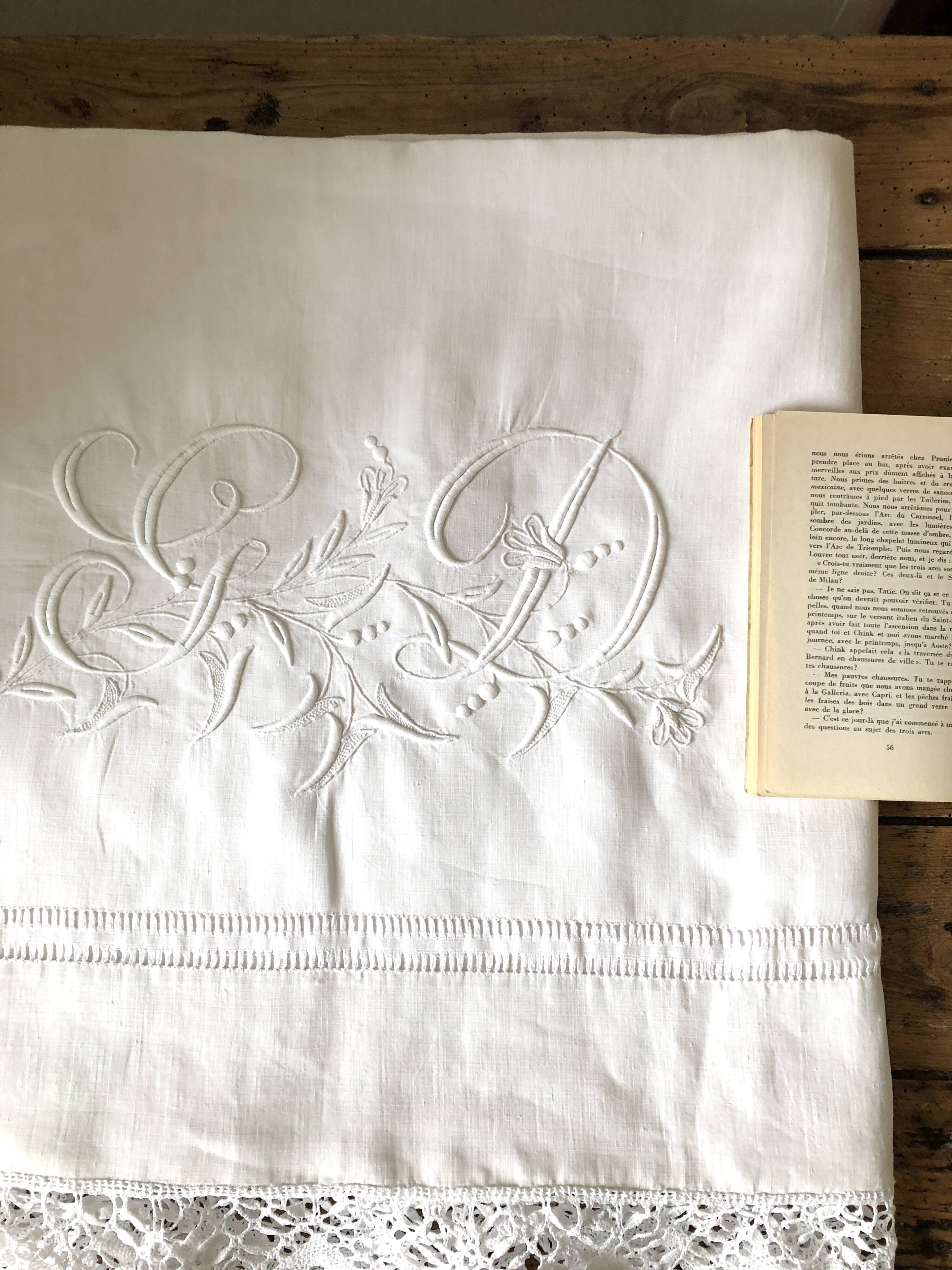 Old pure linen sheet embroidered and monograms