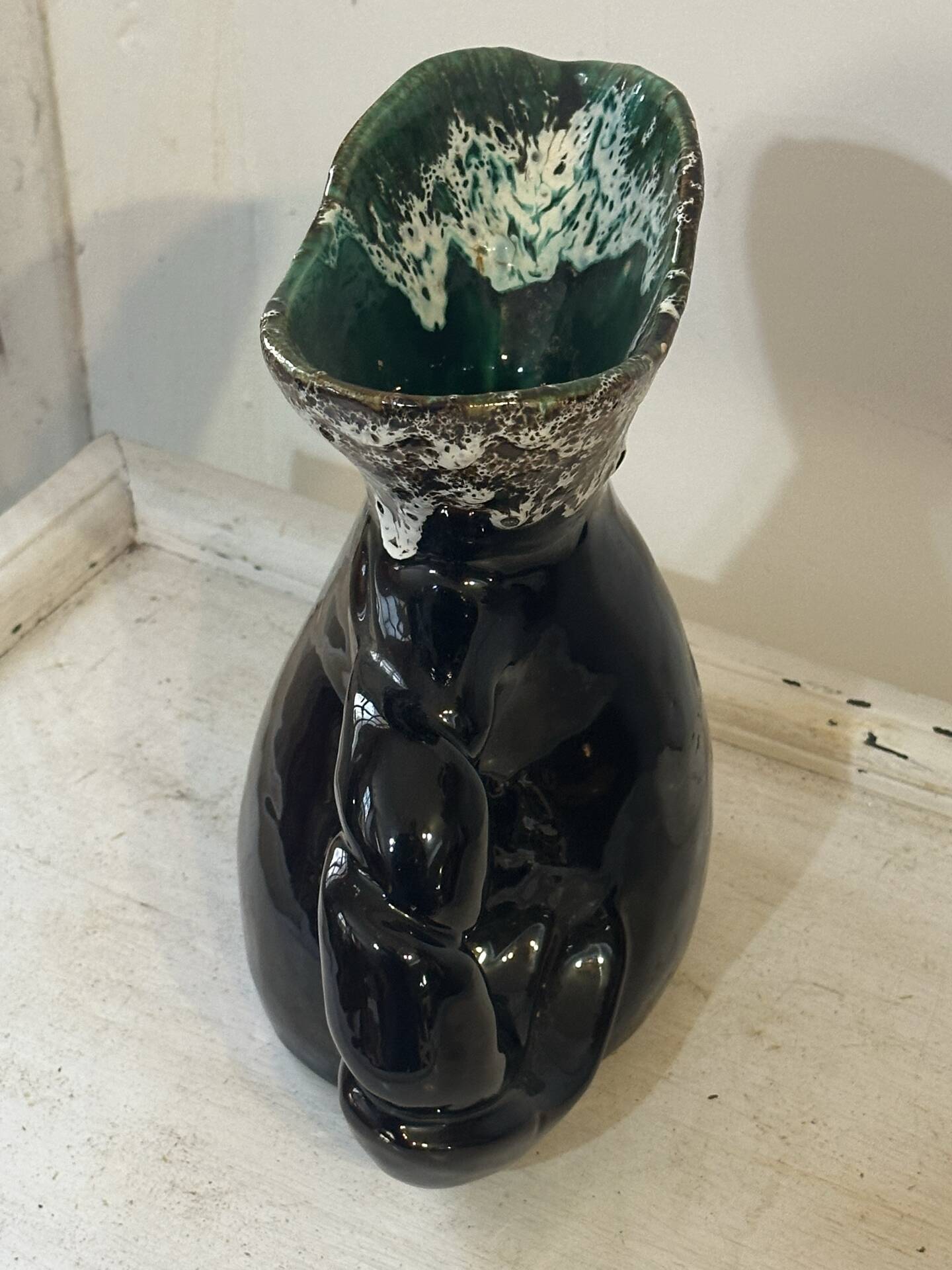 Sculptural pitcher Vallauris in glazed ceramic green and brown, France