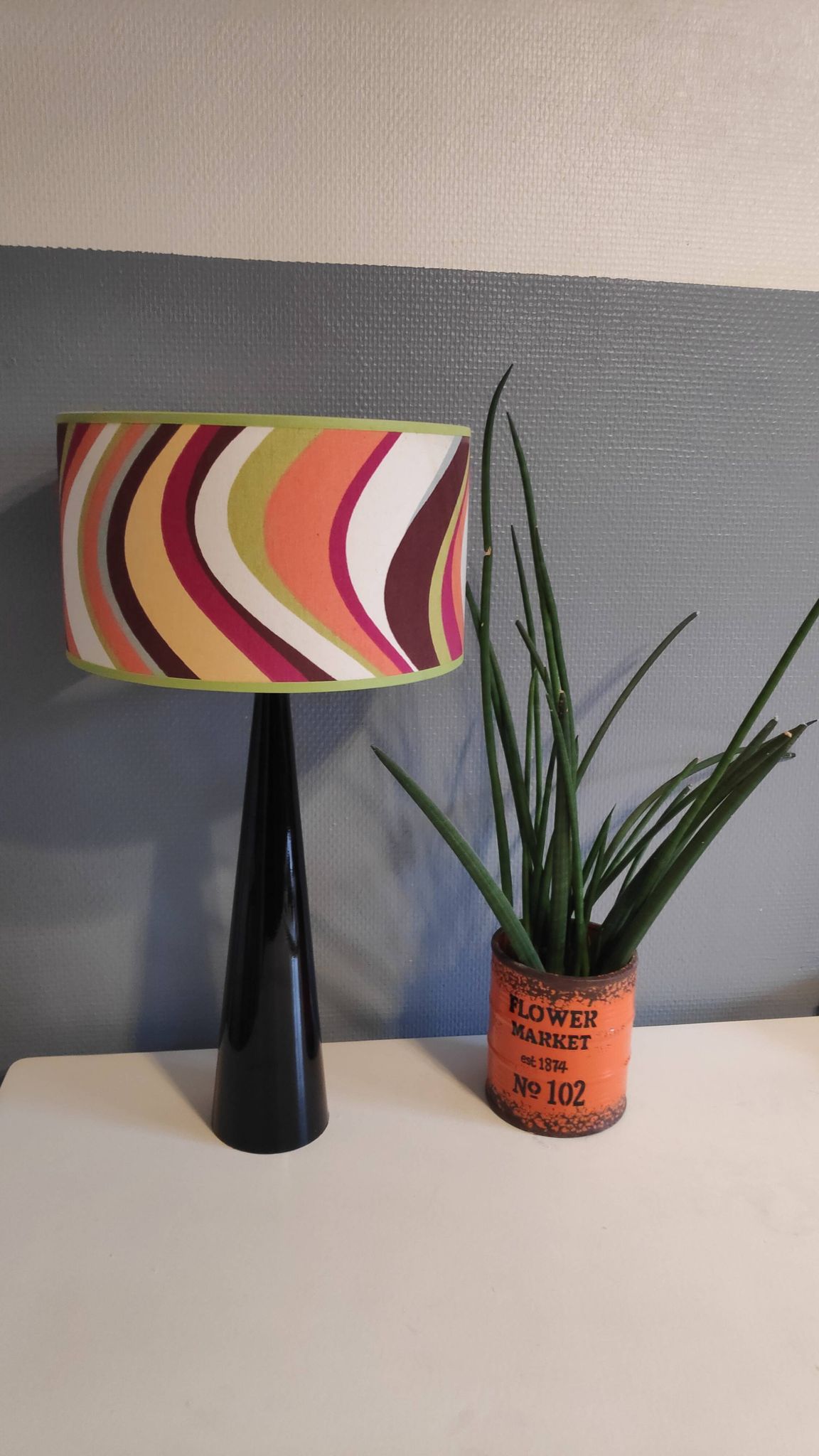 black lace-up foot lamp design and vintage printed lampshade