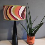 Lampe pied acier laqué noir design et abat-jour imprimé vintage
