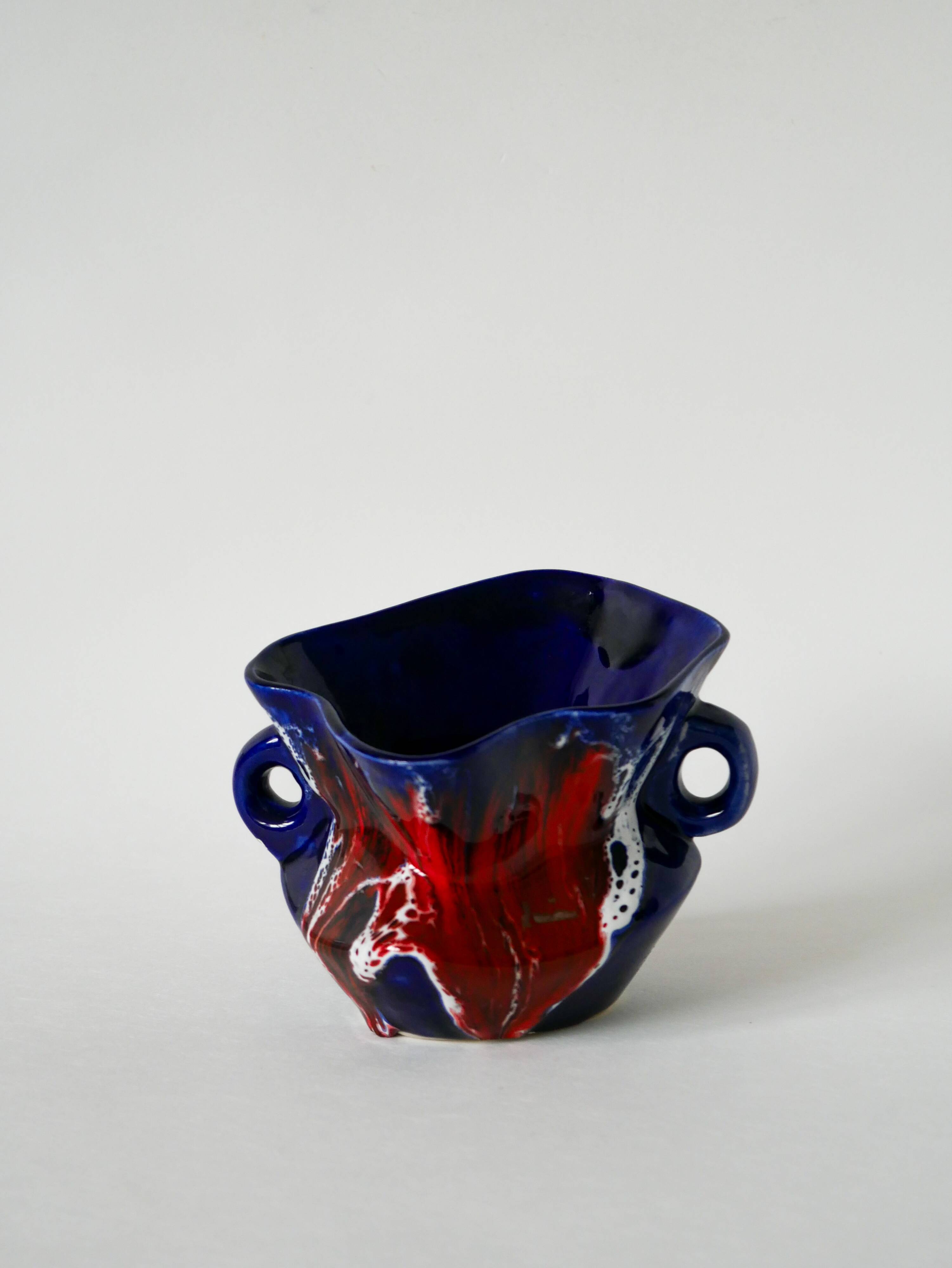 Ceramic vase / fat lava red, blue and white, 1970