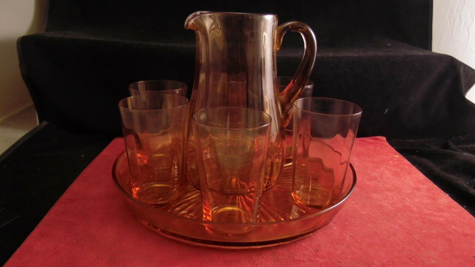 Vintage Parisian orangeade service in orange-blown glass jug with 6 glasses