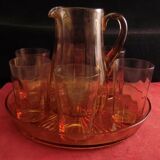 Vintage Parisian orangeade service in orange-blown glass jug with 6 glasses