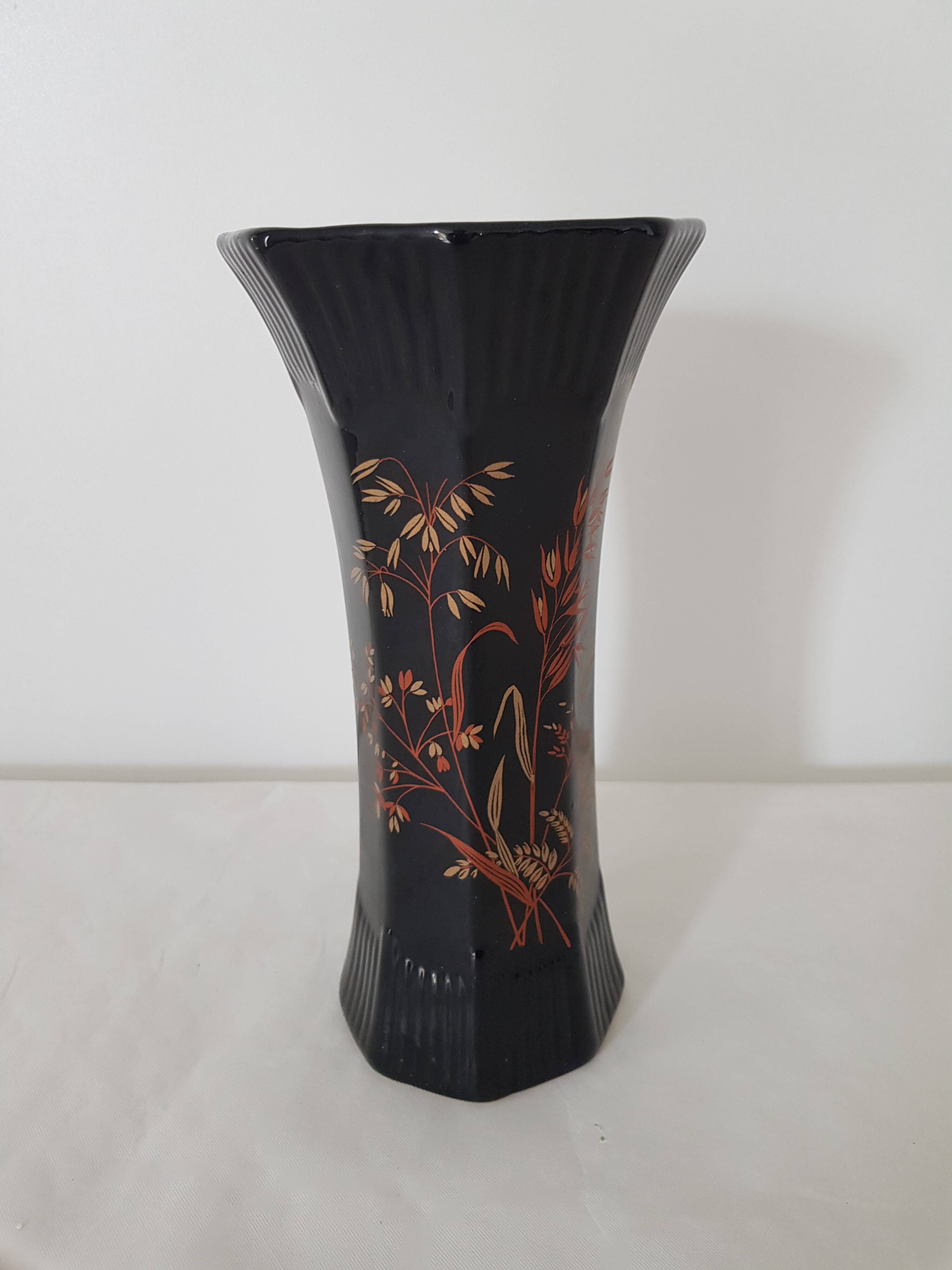 Black octagonal ceramic vase with floral pattern - Signed St Clément - vintage