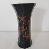 Black octagonal ceramic vase with floral pattern - Signed St Clément - vintage