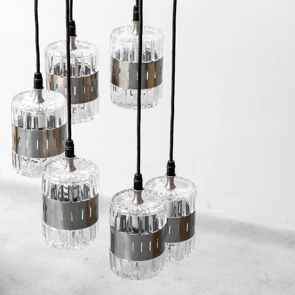 Chandelier 6 lights glass metal 1970s vintage modernism