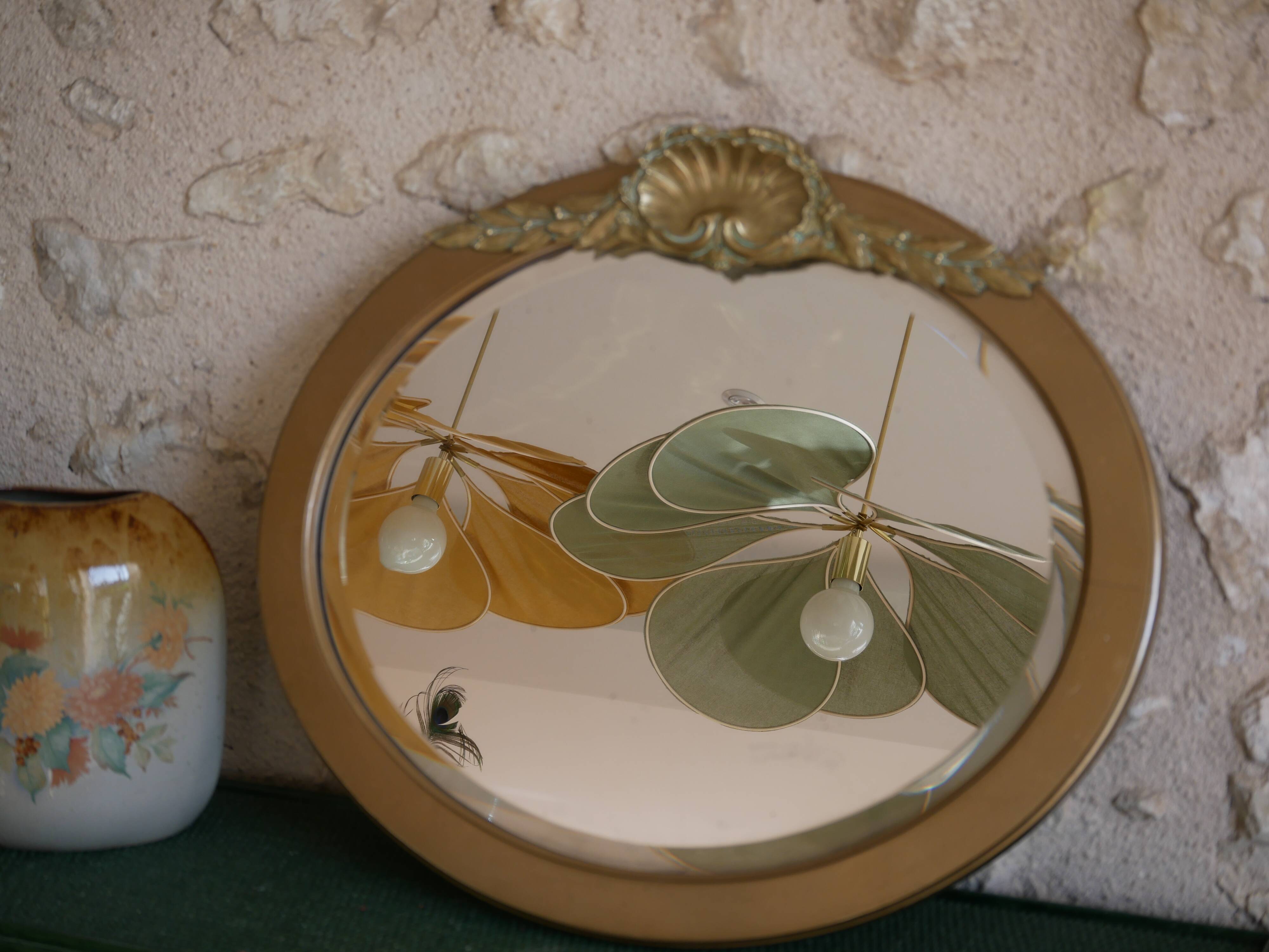 Golden wooden art deco oval mirror - 50x58cm