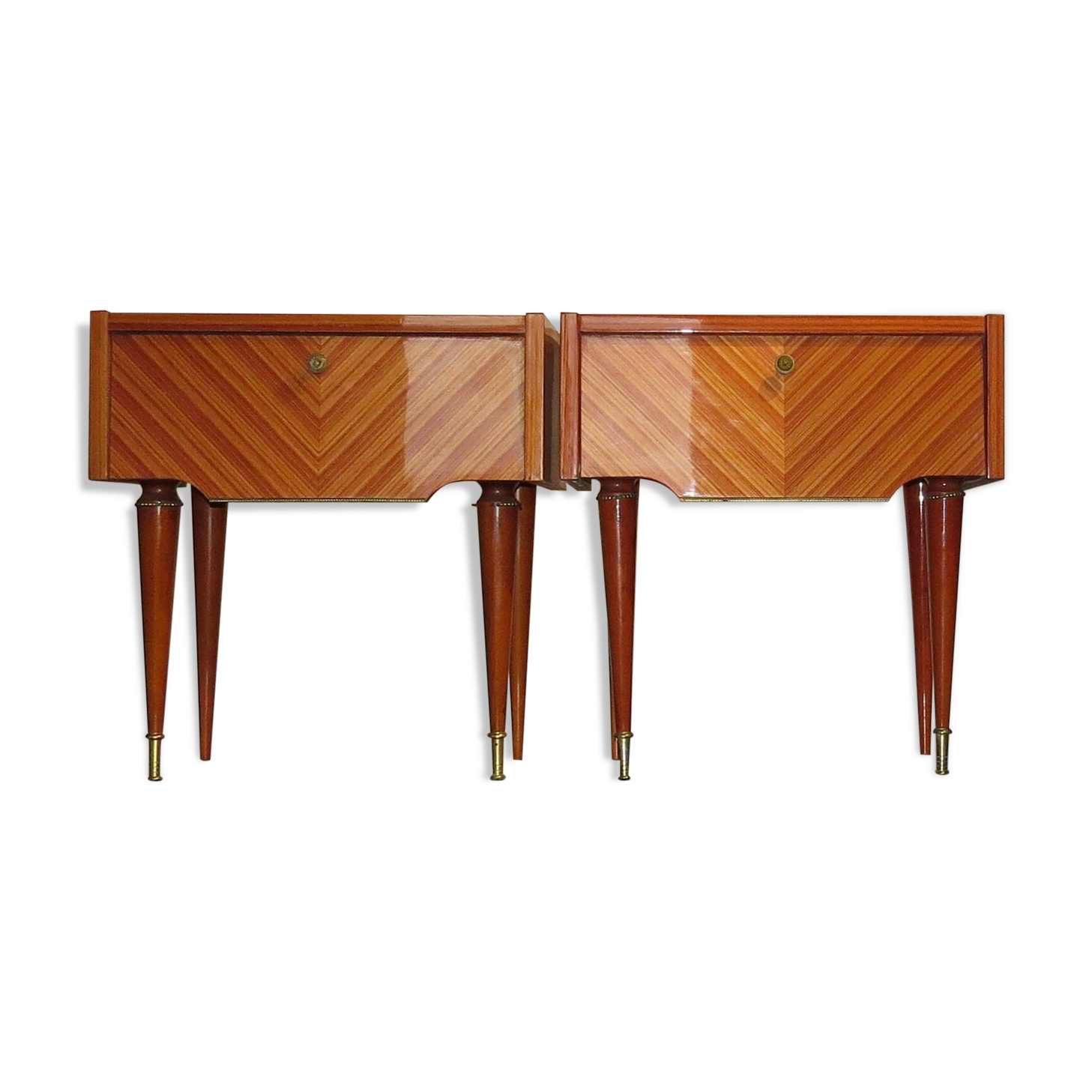 Pair of 60s veneer bedside tables with brass decorations