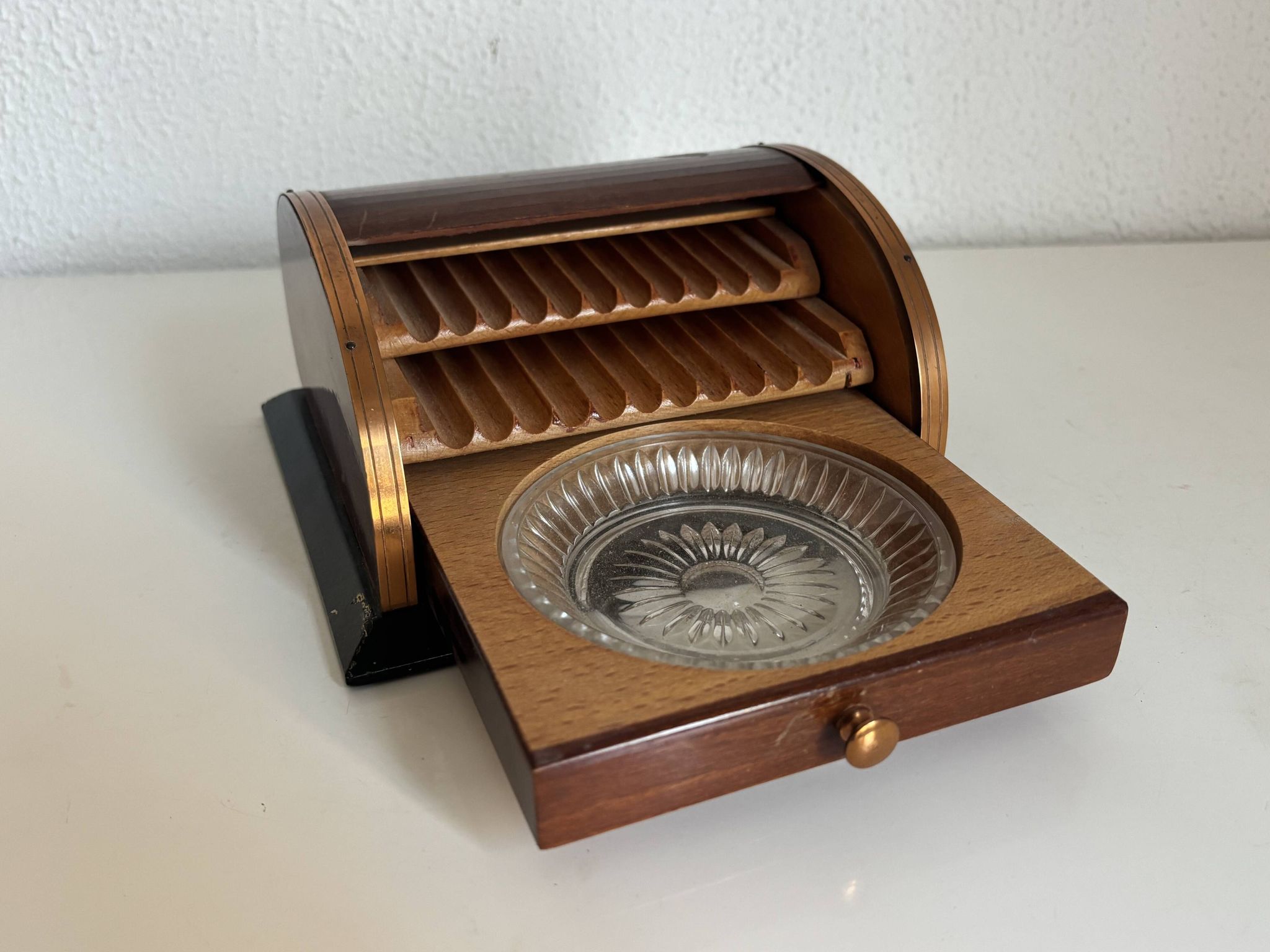 Vintage 1960 cigarette holder ashtray dispenser wood metal - 19 x 15 cm