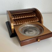 Vintage 1960 cigarette holder ashtray dispenser wood metal - 19 x 15 cm