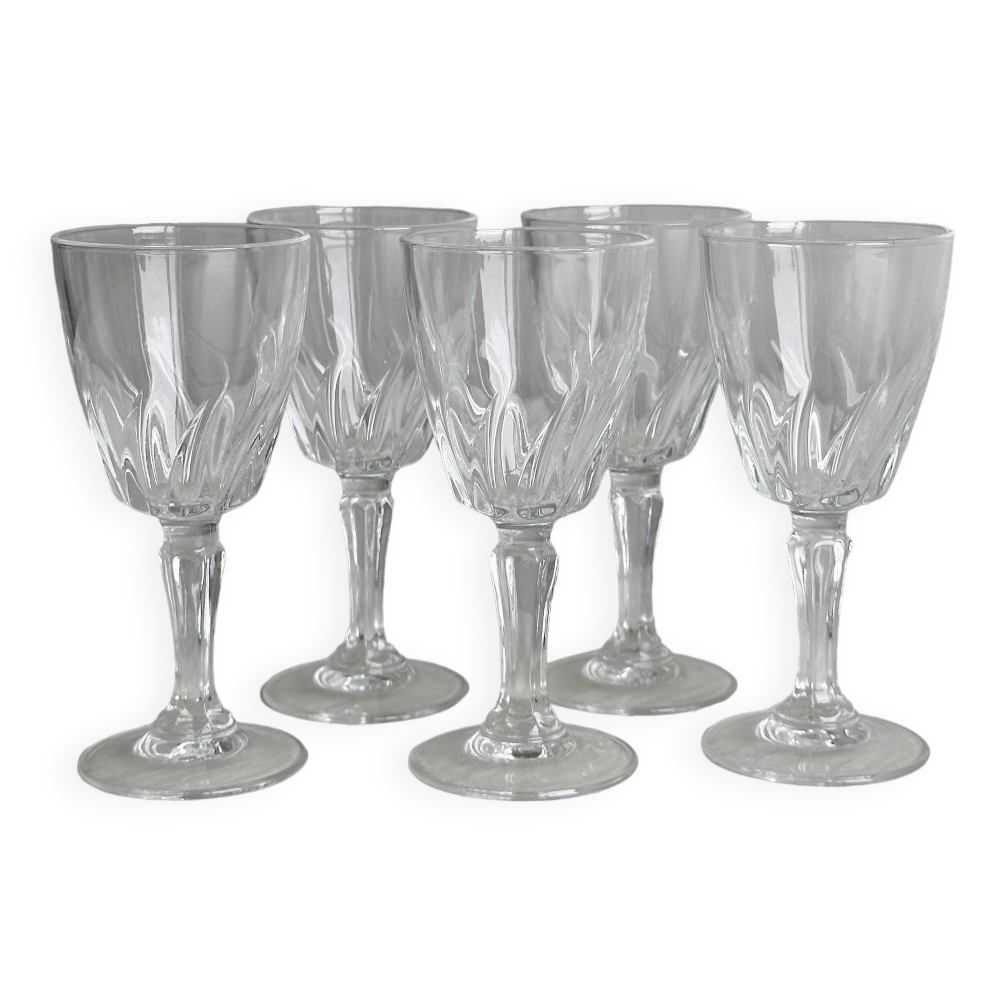 5 clear crystal liqueur glasses.
