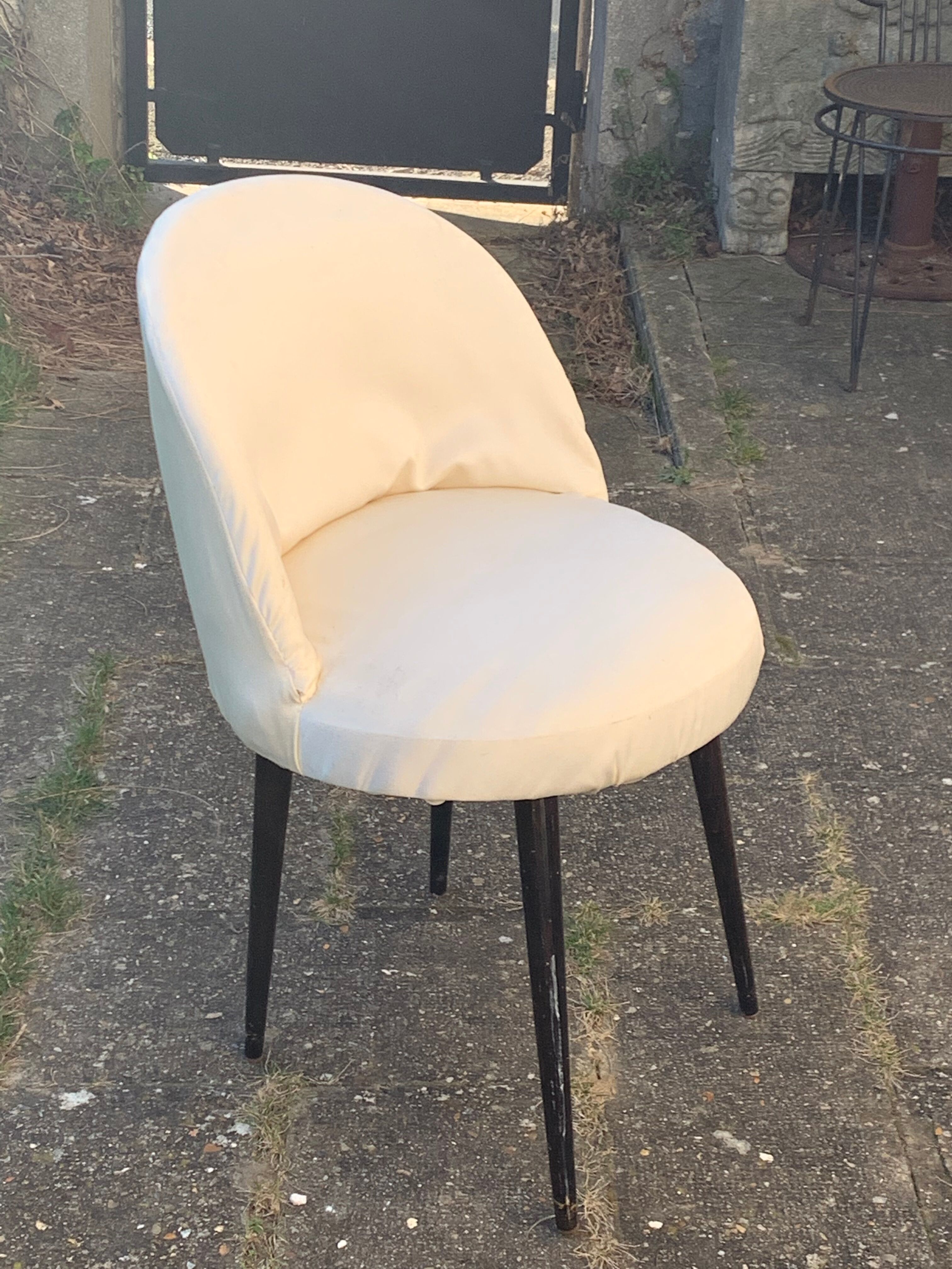 Vintage 1950s white satin armchair with compass legs