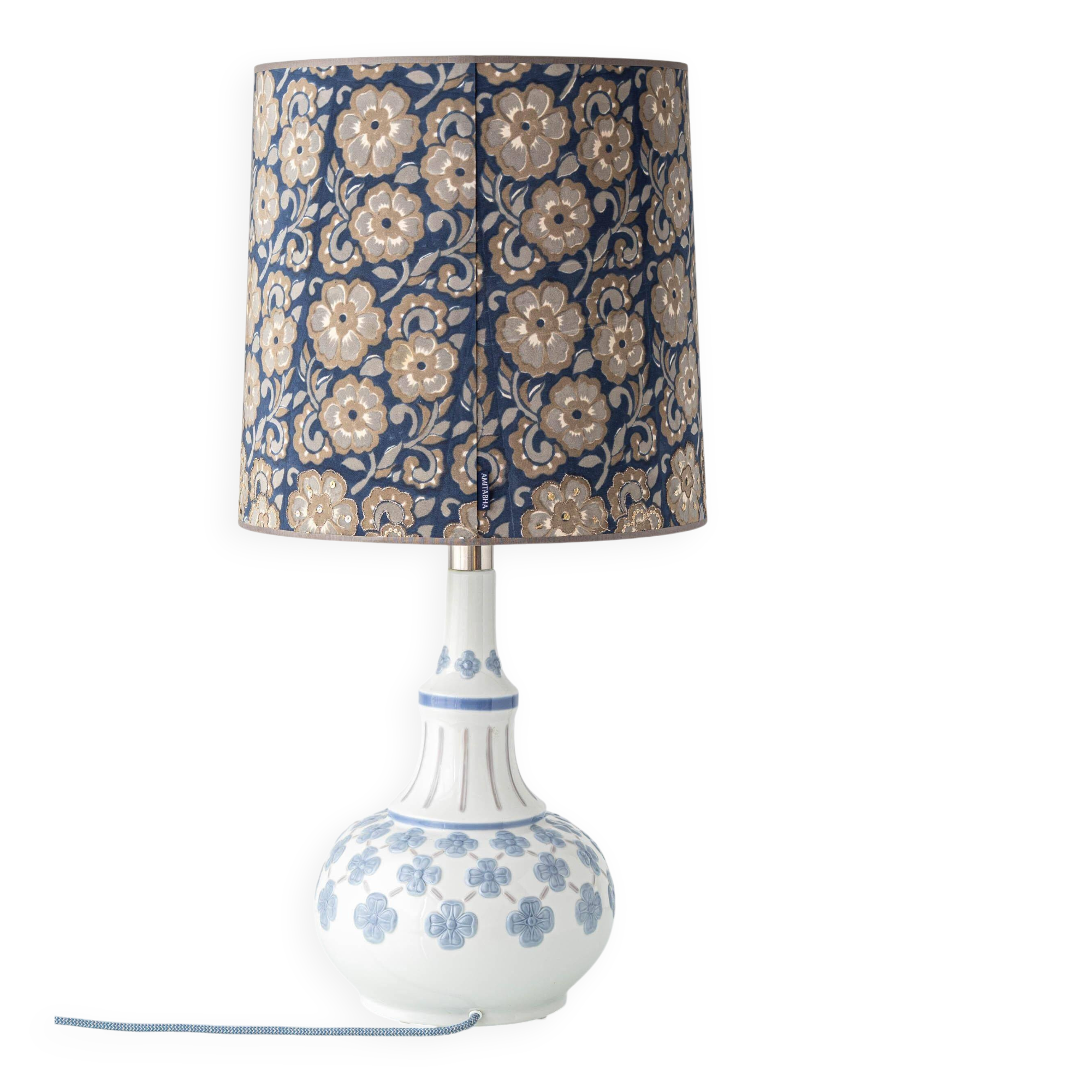Blue and white porcelain table lamp by Lladró with floral shade in new silk.