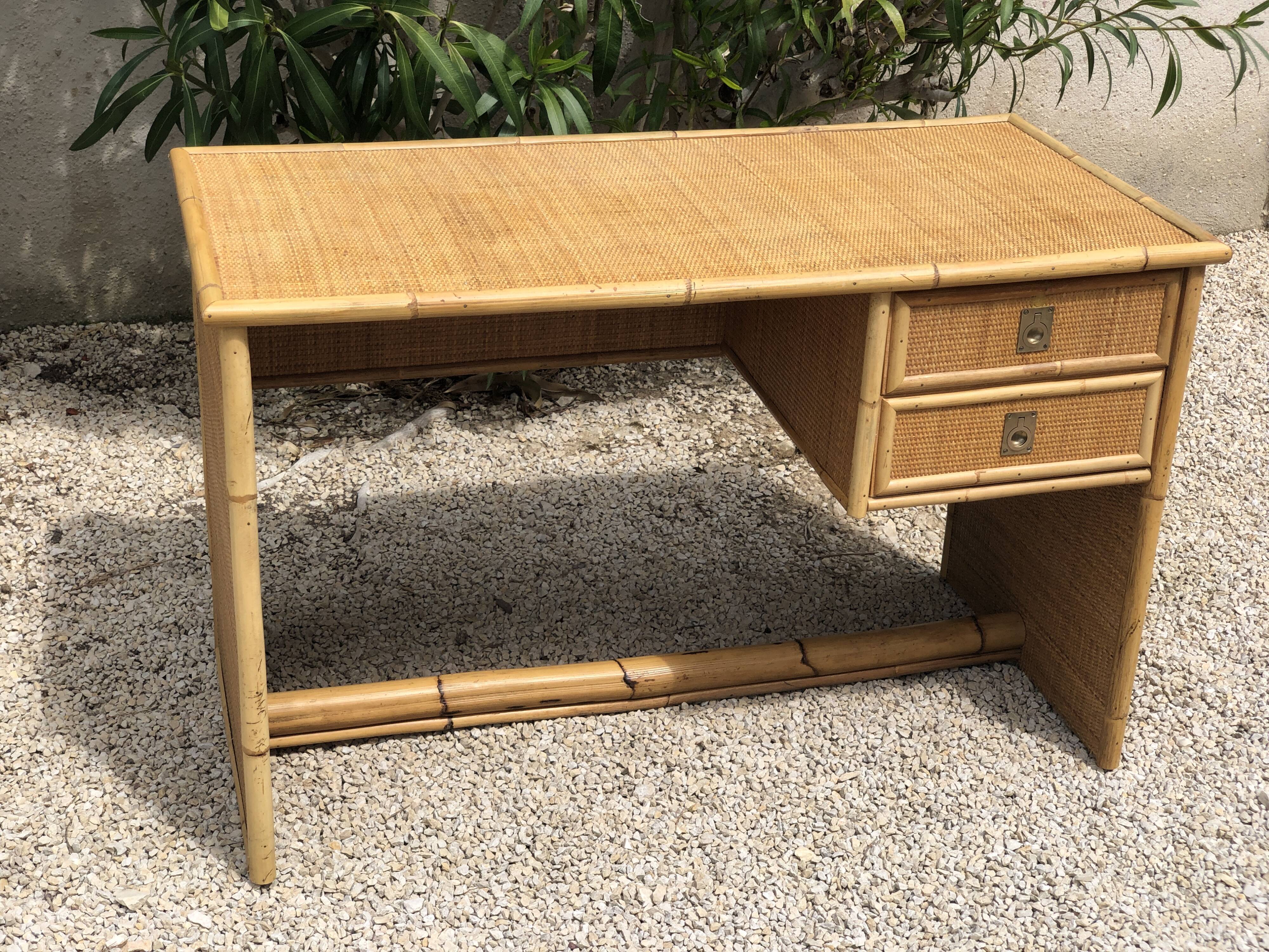 Vintage desk in bamboo, rattan and brass from Dal Vera, Italy 1970s