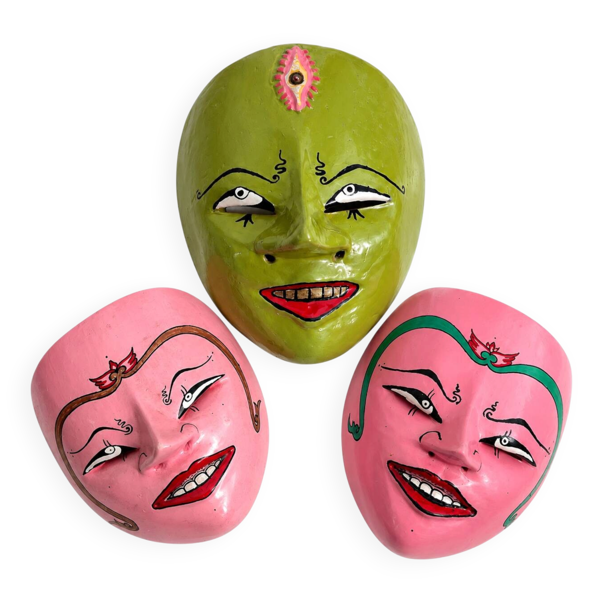Ensemble de 3 masques muraux vintage peints à la main
