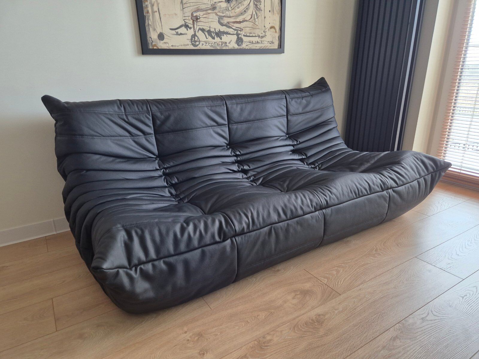 Togo sofa with pouf in black leather by Michel Ducaroy for Ligne Roset, set of 2