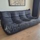 Togo sofa with pouf in black leather by Michel Ducaroy for Ligne Roset, set of 2