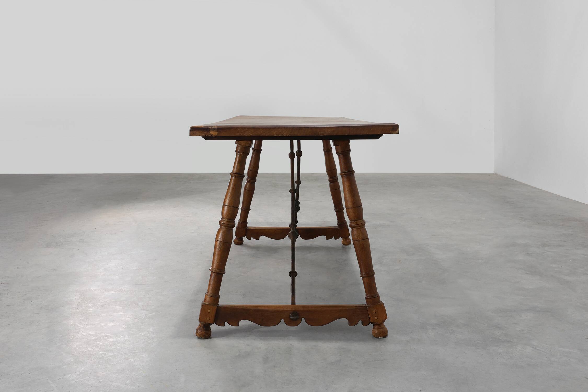 18th‑Century Spanish Walnut Trestle Table with Iron Stretcher