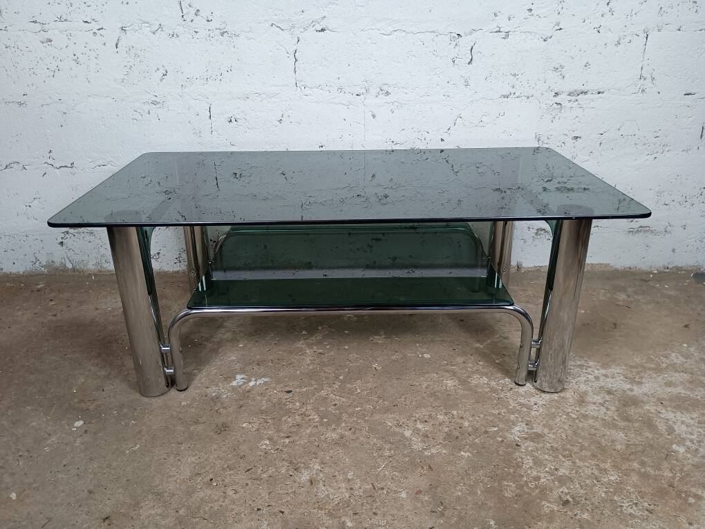 Chrome coffee table with double smoked glass top, 1970s