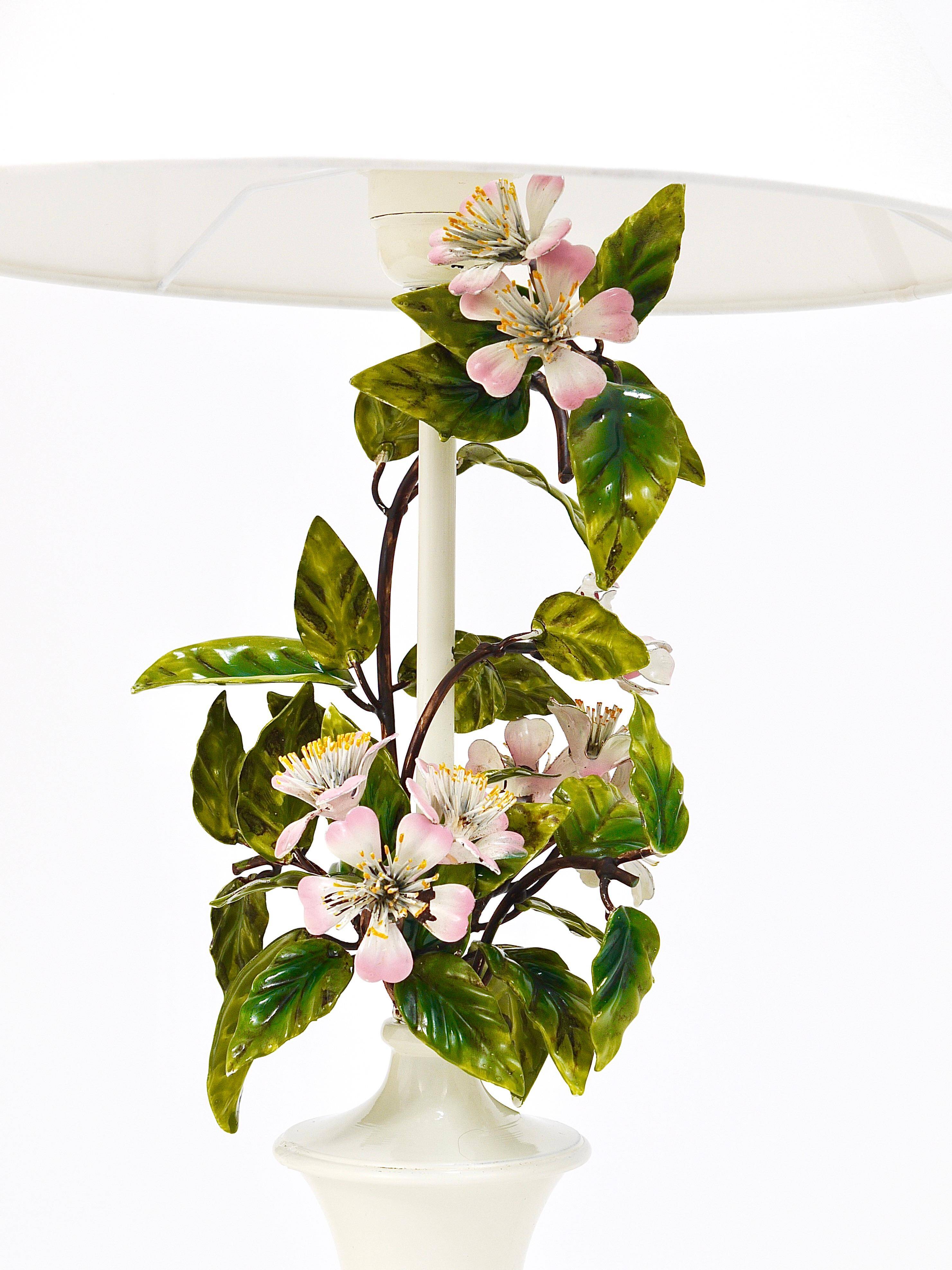 Hand-painted Toleware table lamp with wild apple blossom flowers, Salvadori, Italy, 1950s.