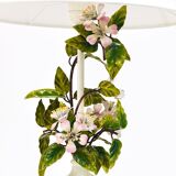 Hand-painted Toleware table lamp with wild apple blossom flowers, Salvadori, Italy, 1950s.