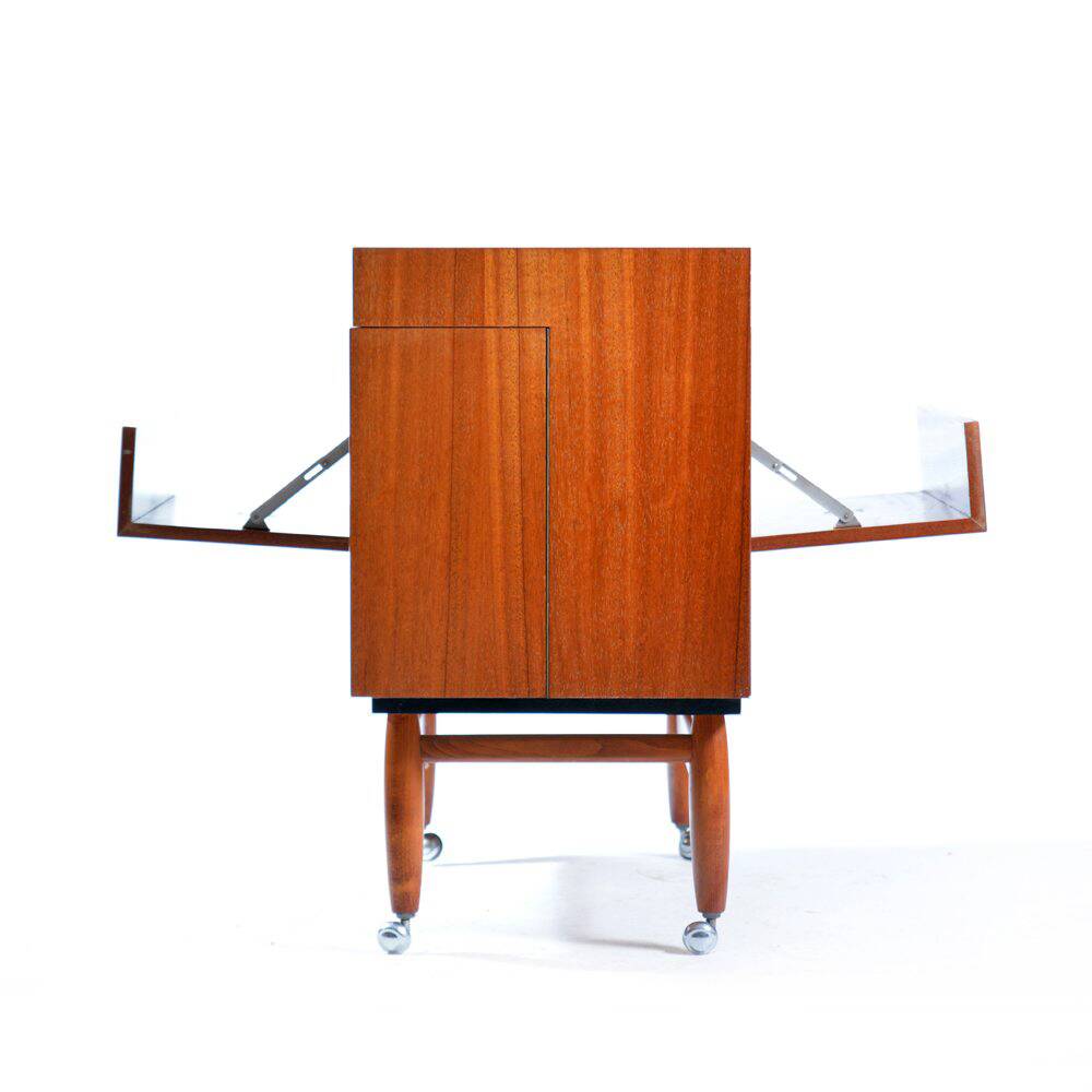 Bar Sideboard On Wheels In Mahagony & Brass, Czechoslovakia 1970