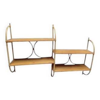 Étagère 4 plateaux en bois et rotin vintage 1960