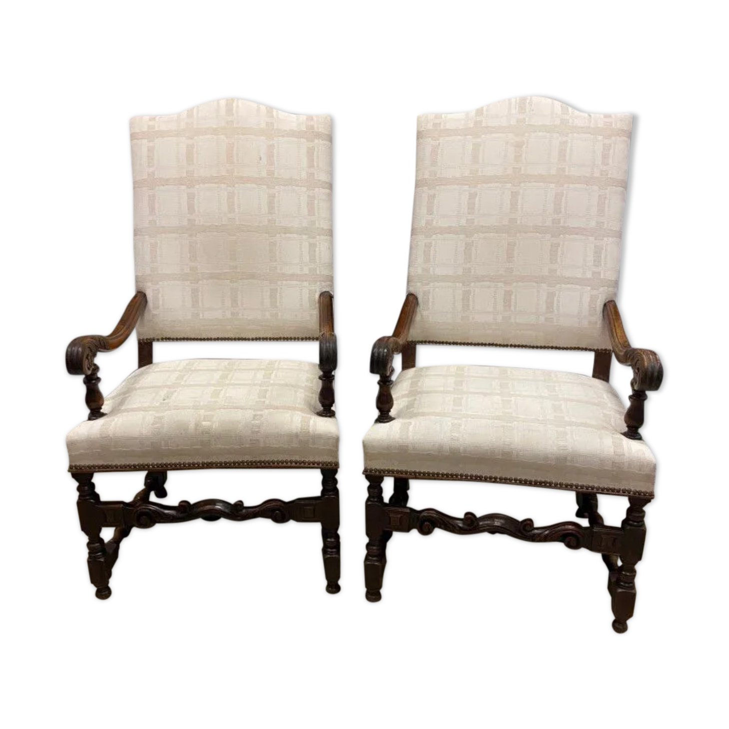 Pair of Louis XIII style molded wood armchairs