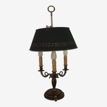 Lampe de table française bouillotte à 3 lumières, abat-jour en tole vert étain bronze 4229