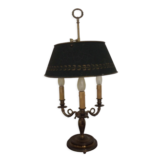 Lampe de table française bouillotte à 3 lumières, abat-jour en tole vert étain bronze 4229