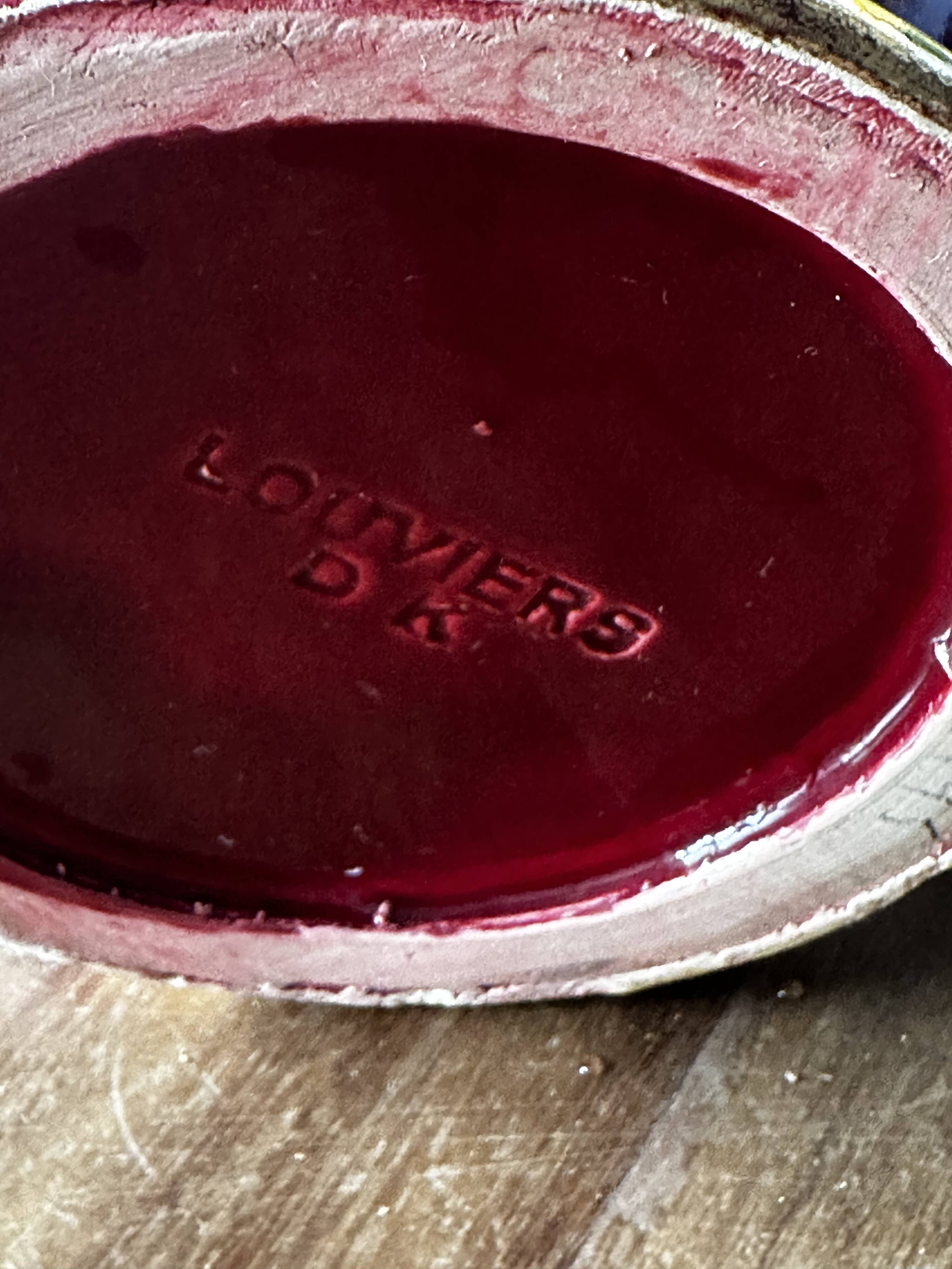 Ringed ceramic vase from Louviers, red and gold, 1950s