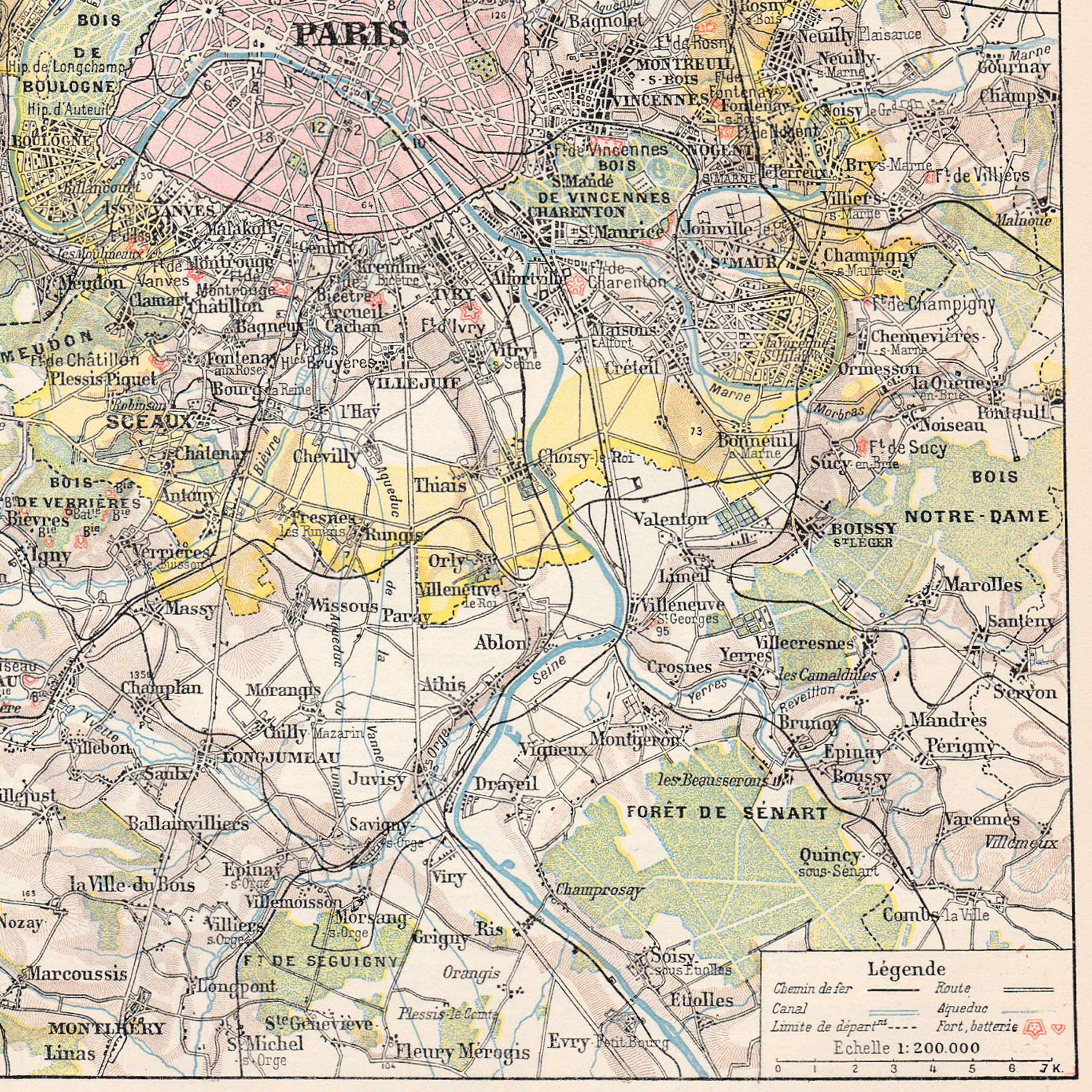 Old map of Paris and its surroundings late 19th century