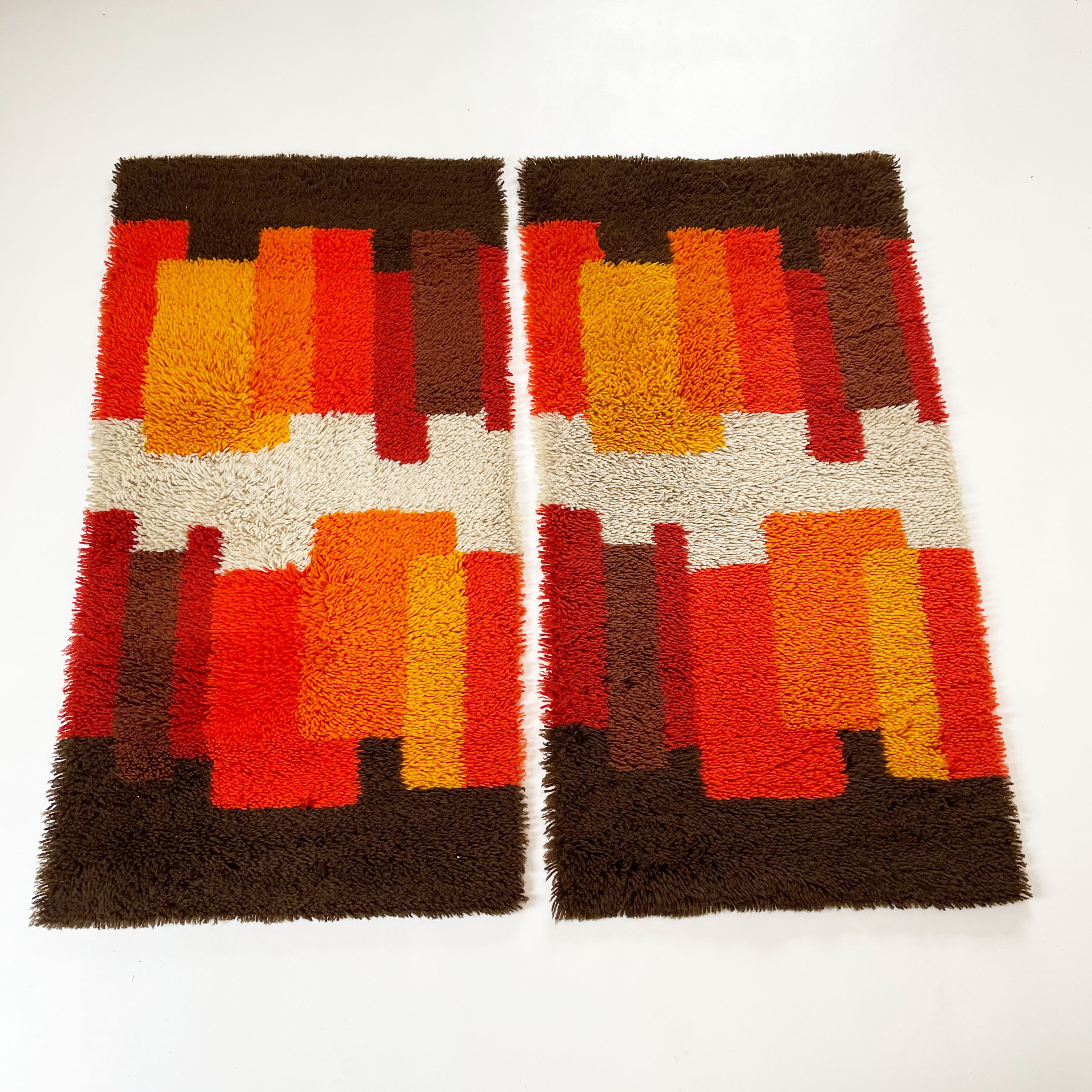 Set of 2 modernist multi-color high pile rya rug by desso, netherlands, 1970s